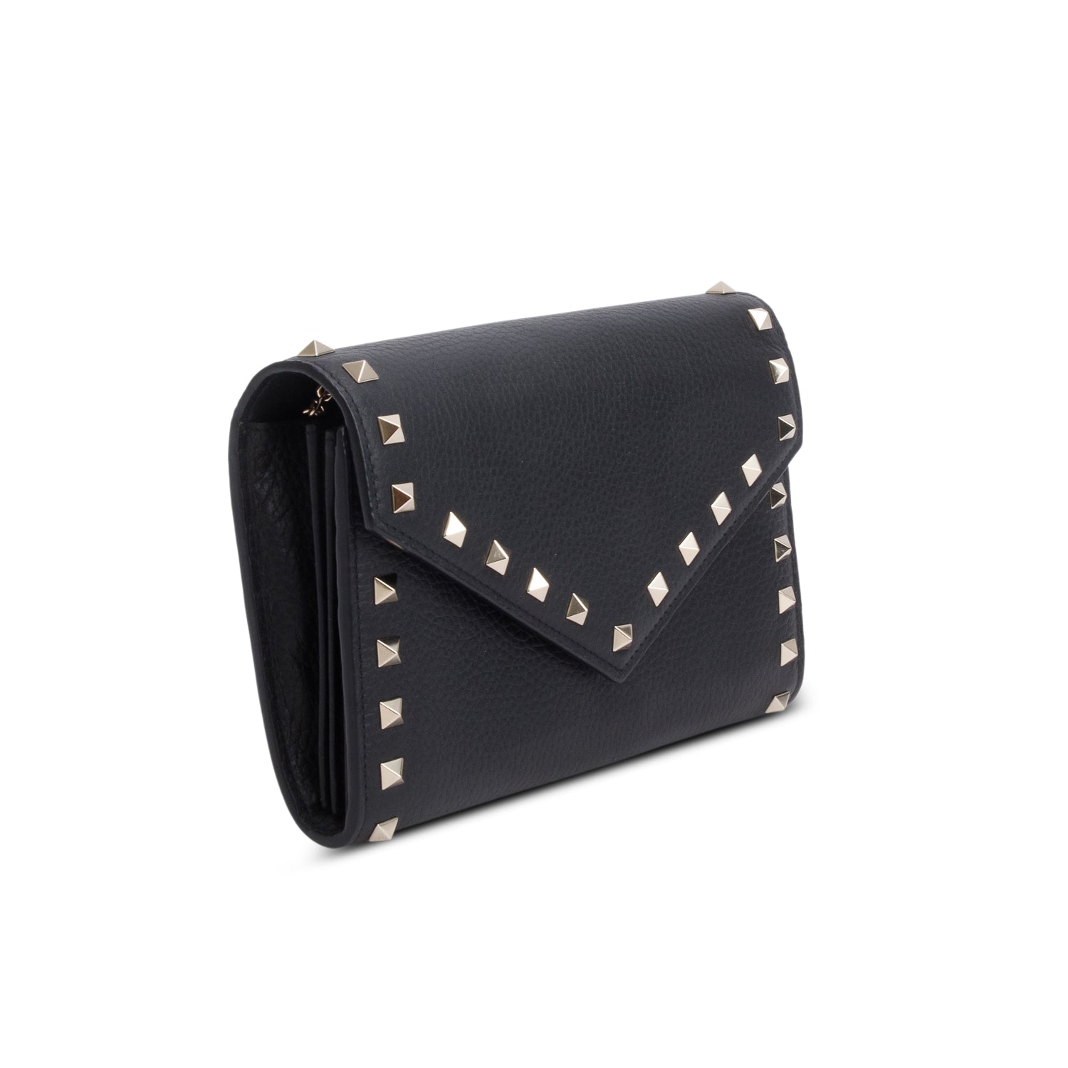 Valentino Black Pebbled Leather Calfskin Rockstud Envelope Wallet on Chain