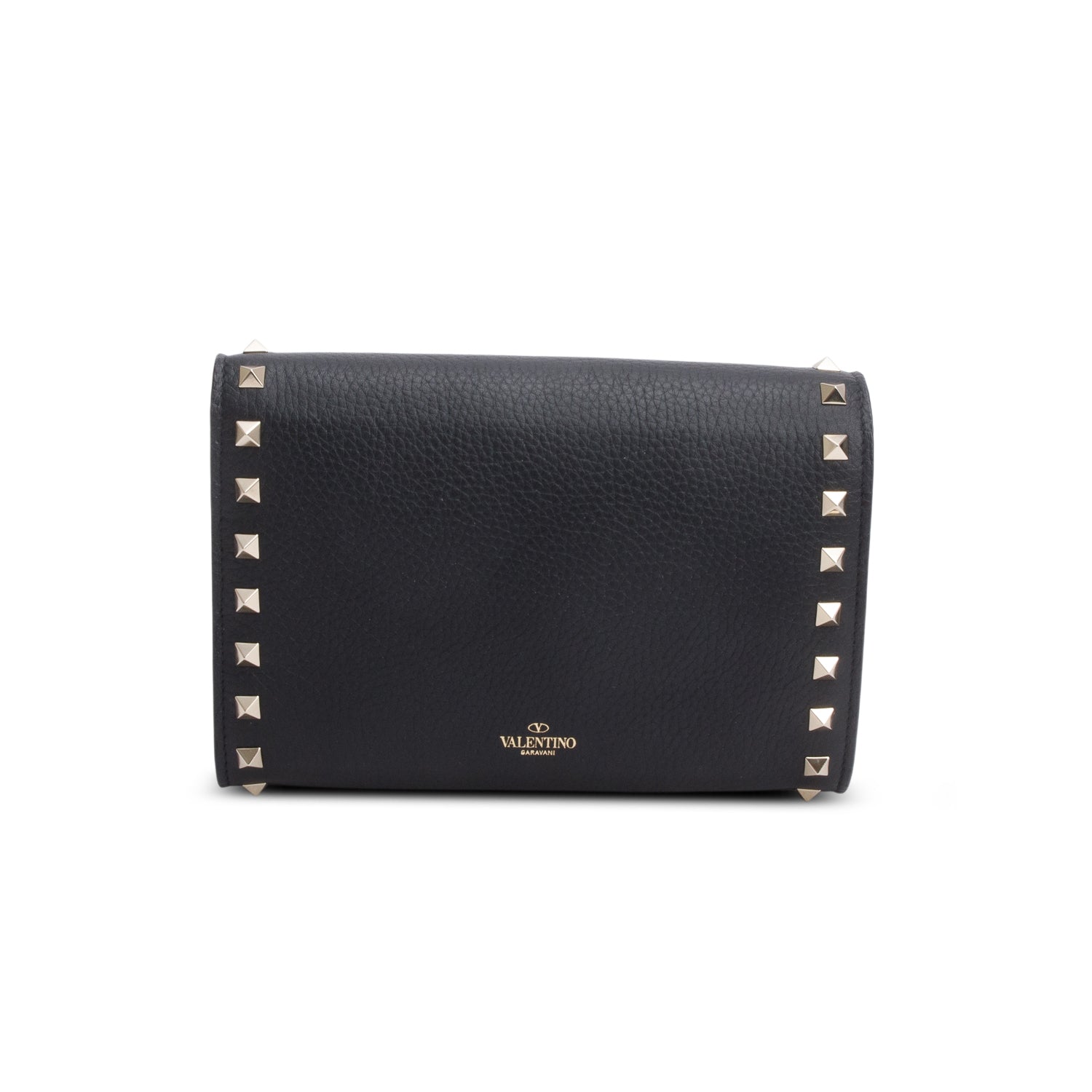 Valentino Black Pebbled Leather Calfskin Rockstud Envelope Wallet on Chain