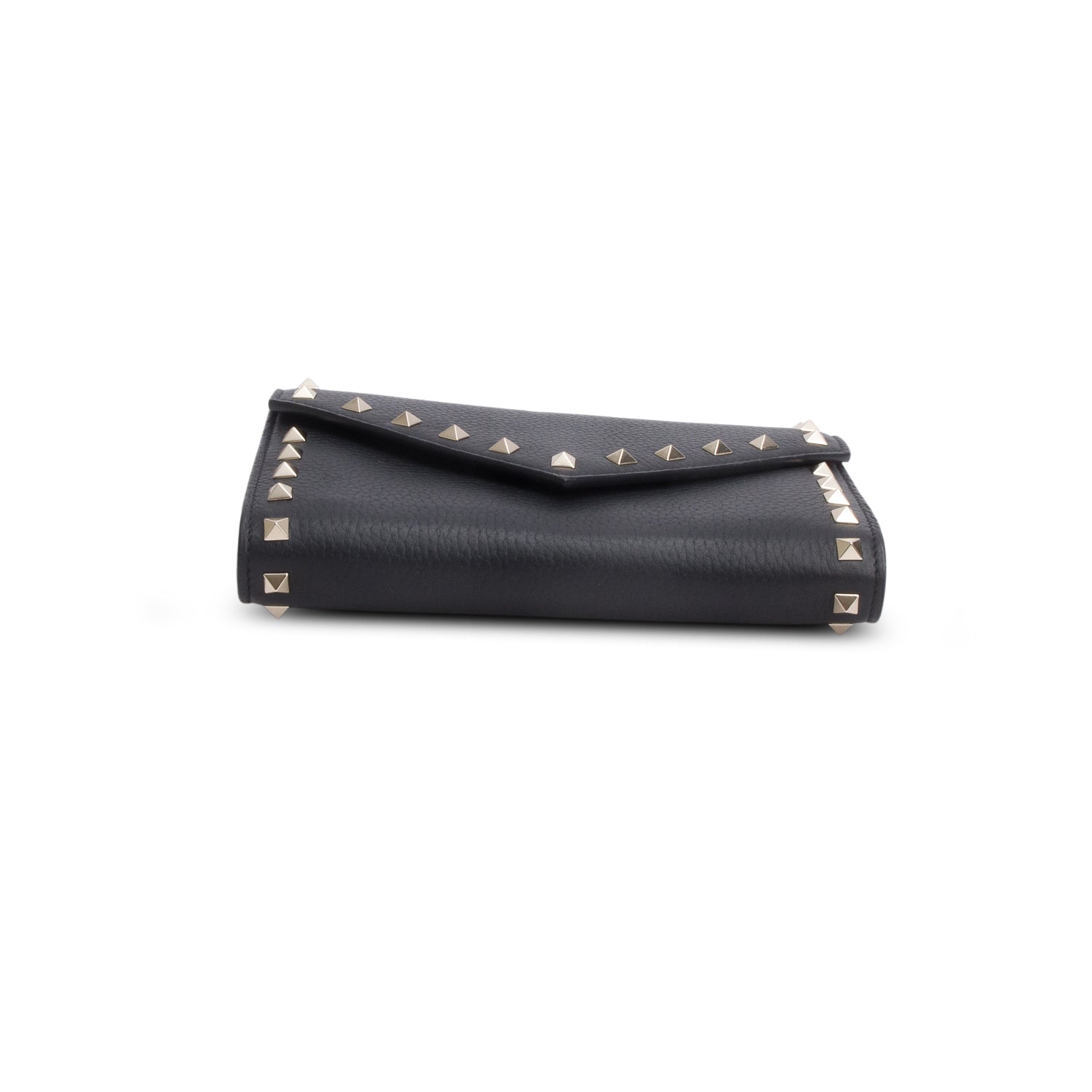 Valentino Black Pebbled Leather Calfskin Rockstud Envelope Wallet on Chain