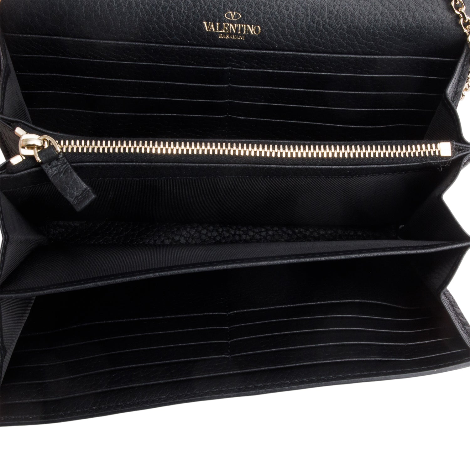 Valentino Black Pebbled Leather Calfskin Rockstud Envelope Wallet on Chain