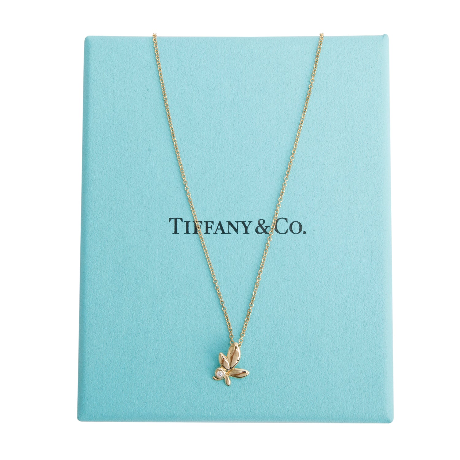 Tiffany & Co. Paloma Picasso 18k Yellow Gold Diamond Mini Olive Leaf Pendant Necklace w/ Box