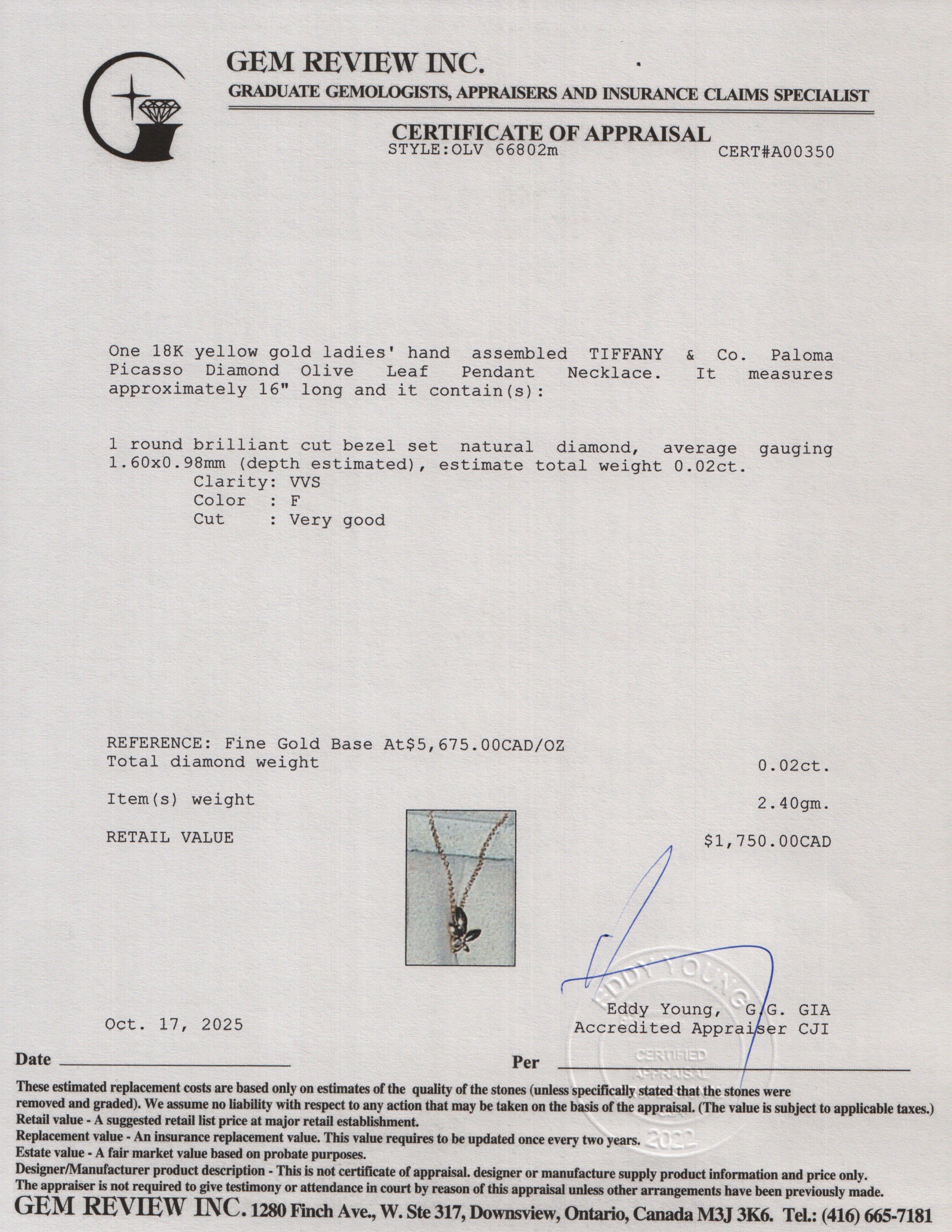Tiffany & Co. Paloma Picasso 18k Yellow Gold Diamond Mini Olive Leaf Pendant Necklace w/ Box