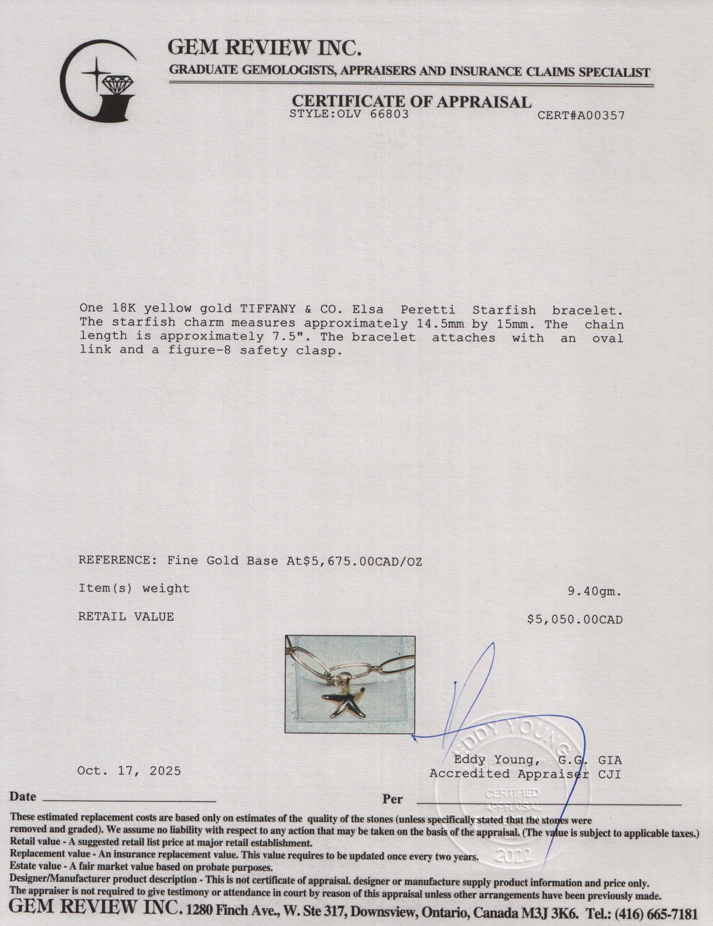 Tiffany & Co. Elsa Peretti 18k Yellow Gold Starfish Bracelet w/ Box