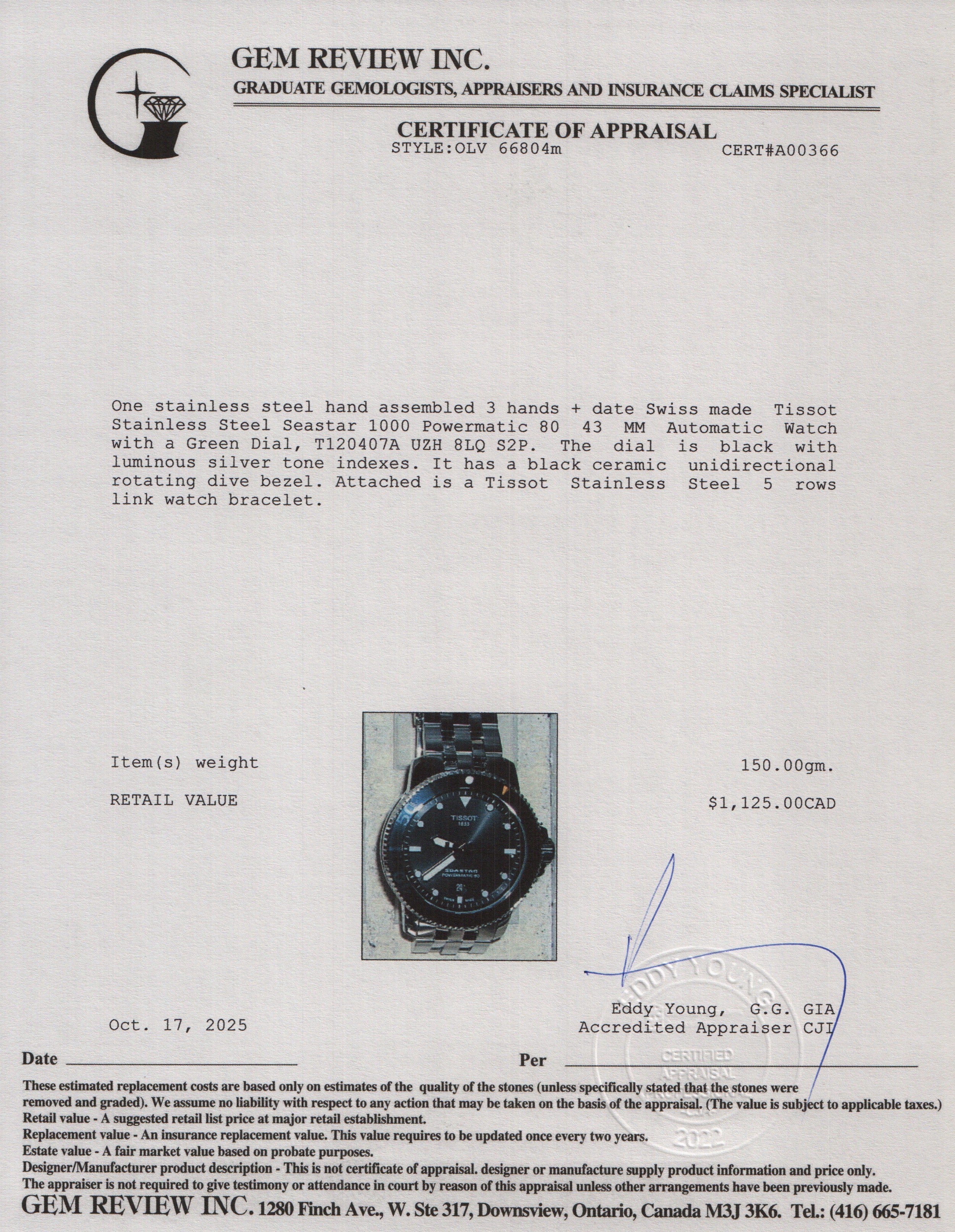 Tissot Stainless Steel Seastar 1000 Powermatic 80 43 MM Automatic Watch Black Dial w/ Box & Papers