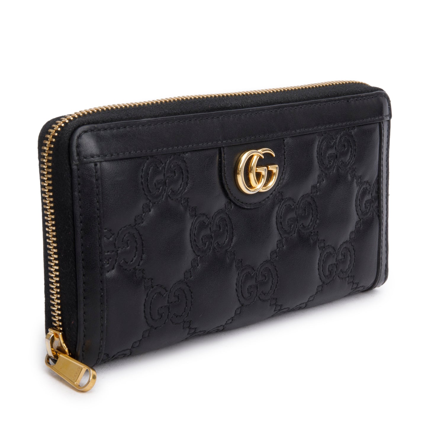 Gucci Black Calfskin GG Matelasse Marmont Zip Around Wallet