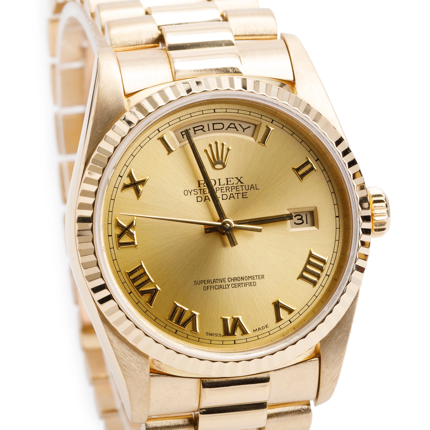 Rolex 18k Yellow Gold Day Date 36 MM President Watch Champagne Roman Dial 18238 w/ Box & Papers