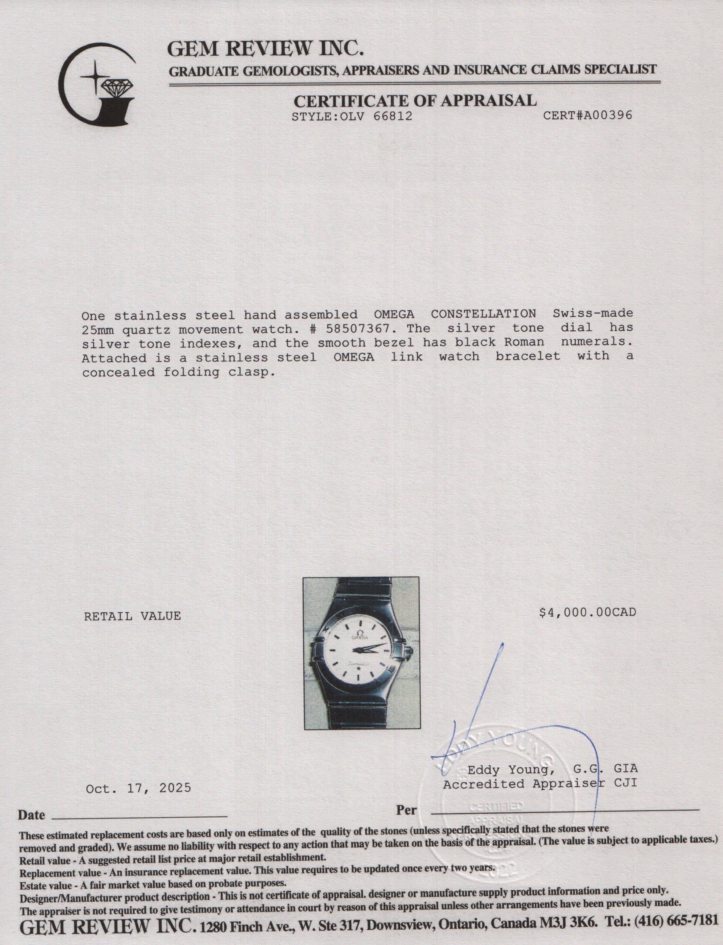 Omega Stainless Steel Constellation 25 MM Quartz Watch Silver Dial