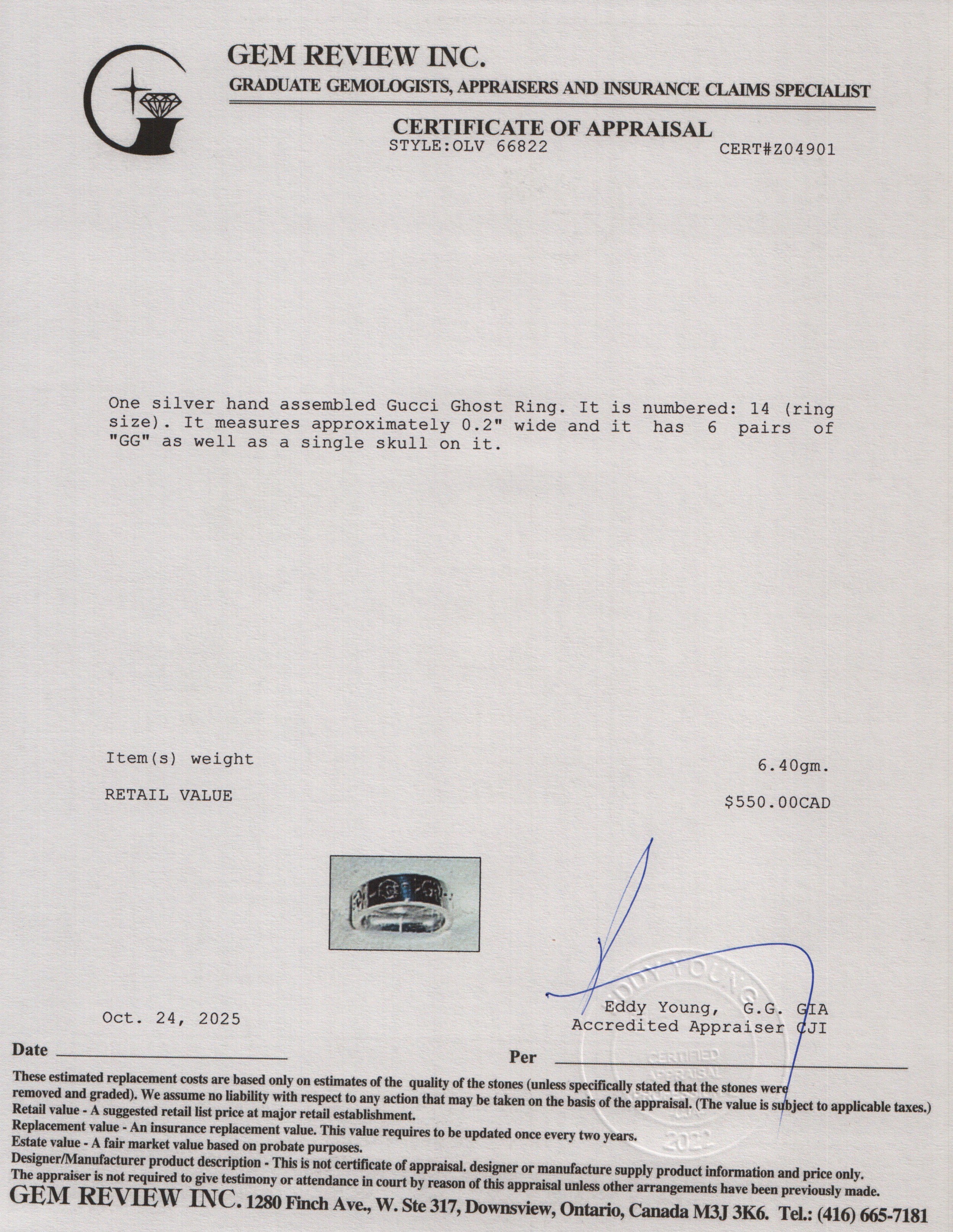 Gucci Sterling Silver Ghost Ring, Size 14 6.75