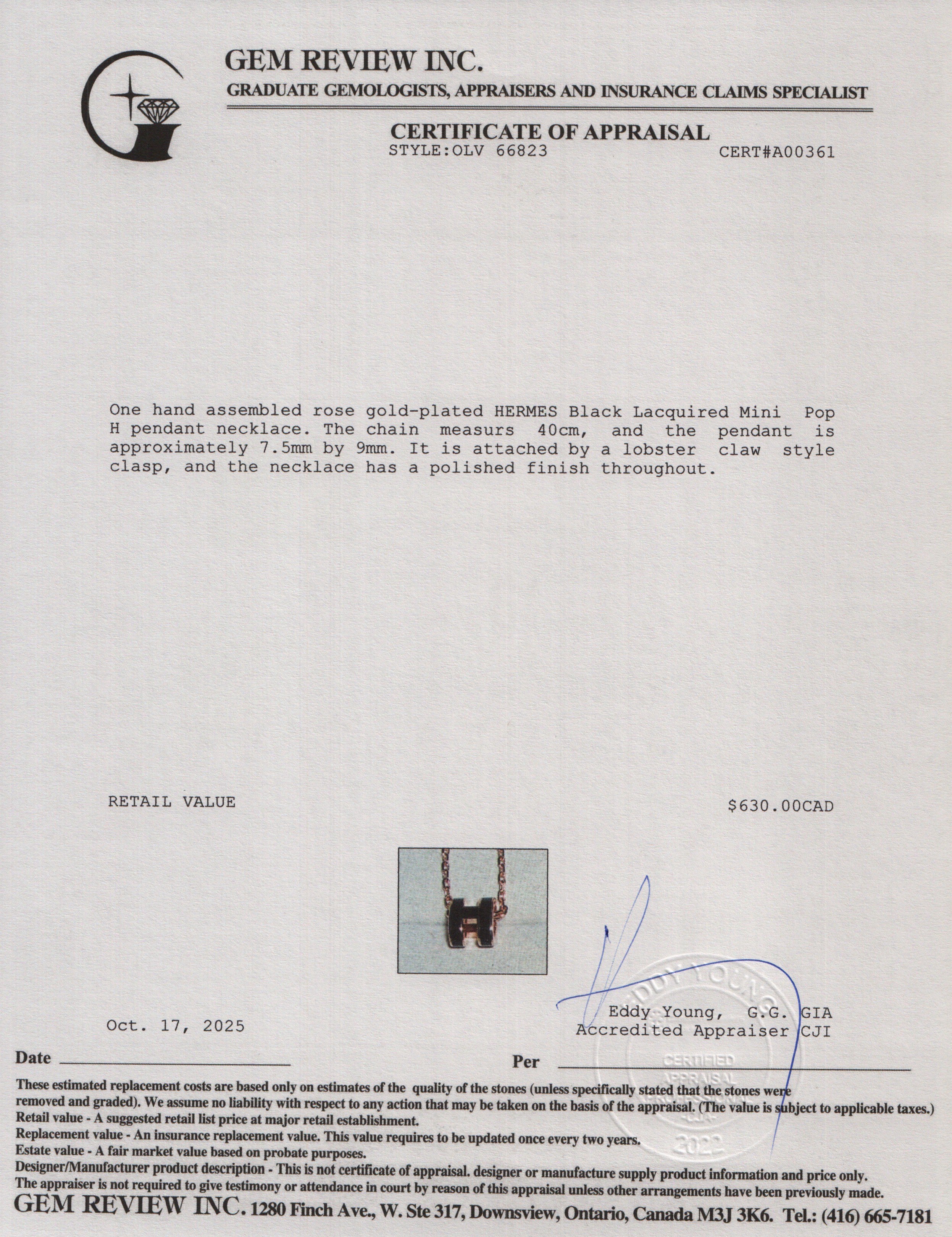 Hermes Rose Gold-Plated Black Lacquered Mini Pop H Pendant Necklace