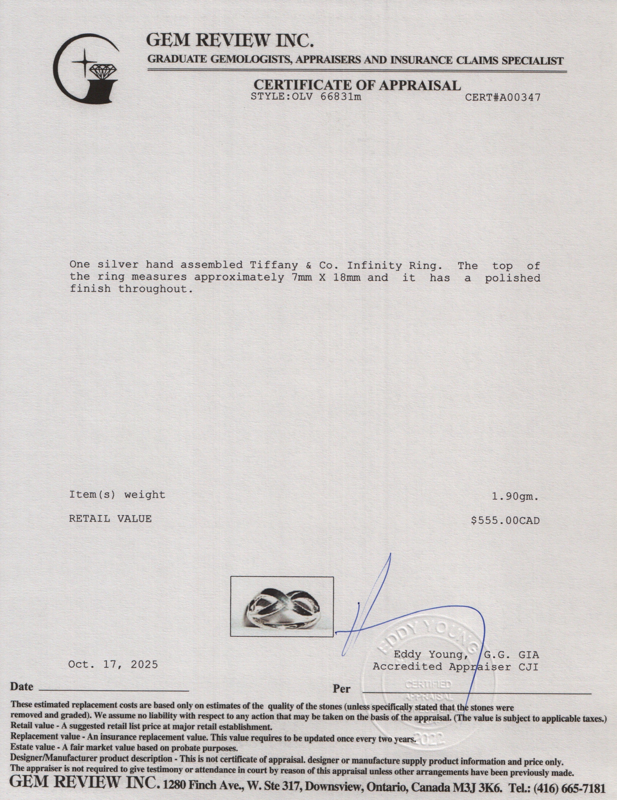 Tiffany & Co. Sterling Silver Infinity Ring, Size 6.5