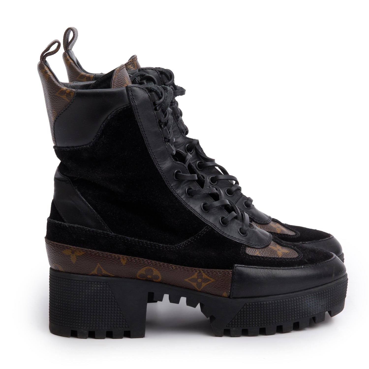 Louis Vuitton 2021 Black Leather/Suede Monogram Trim Laurette Platform Desert Ankle Boots, Size 38