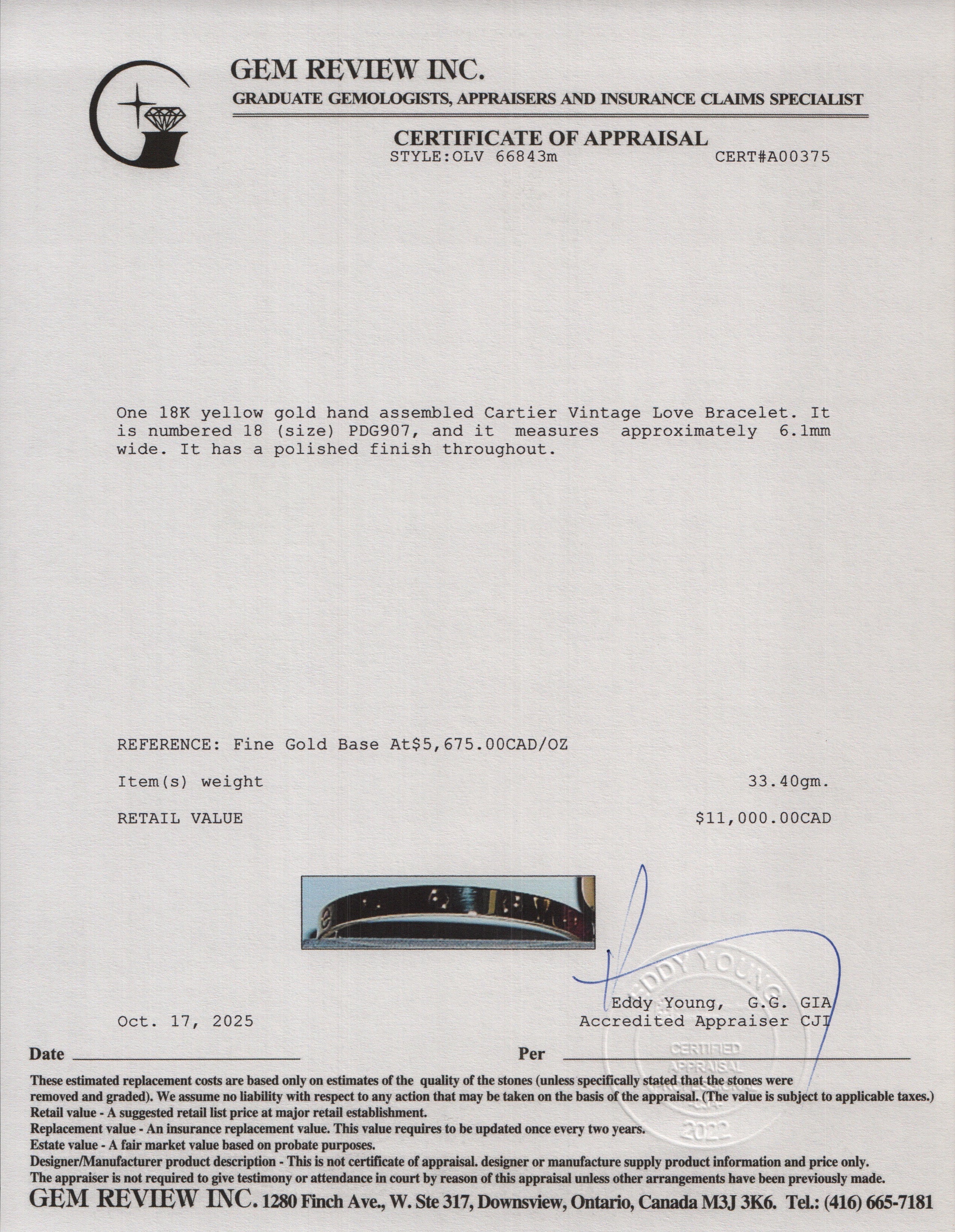 Cartier 2021 18k Yellow Gold Love Bracelet, Classic Model, Size 18 w/ Box & Certificate