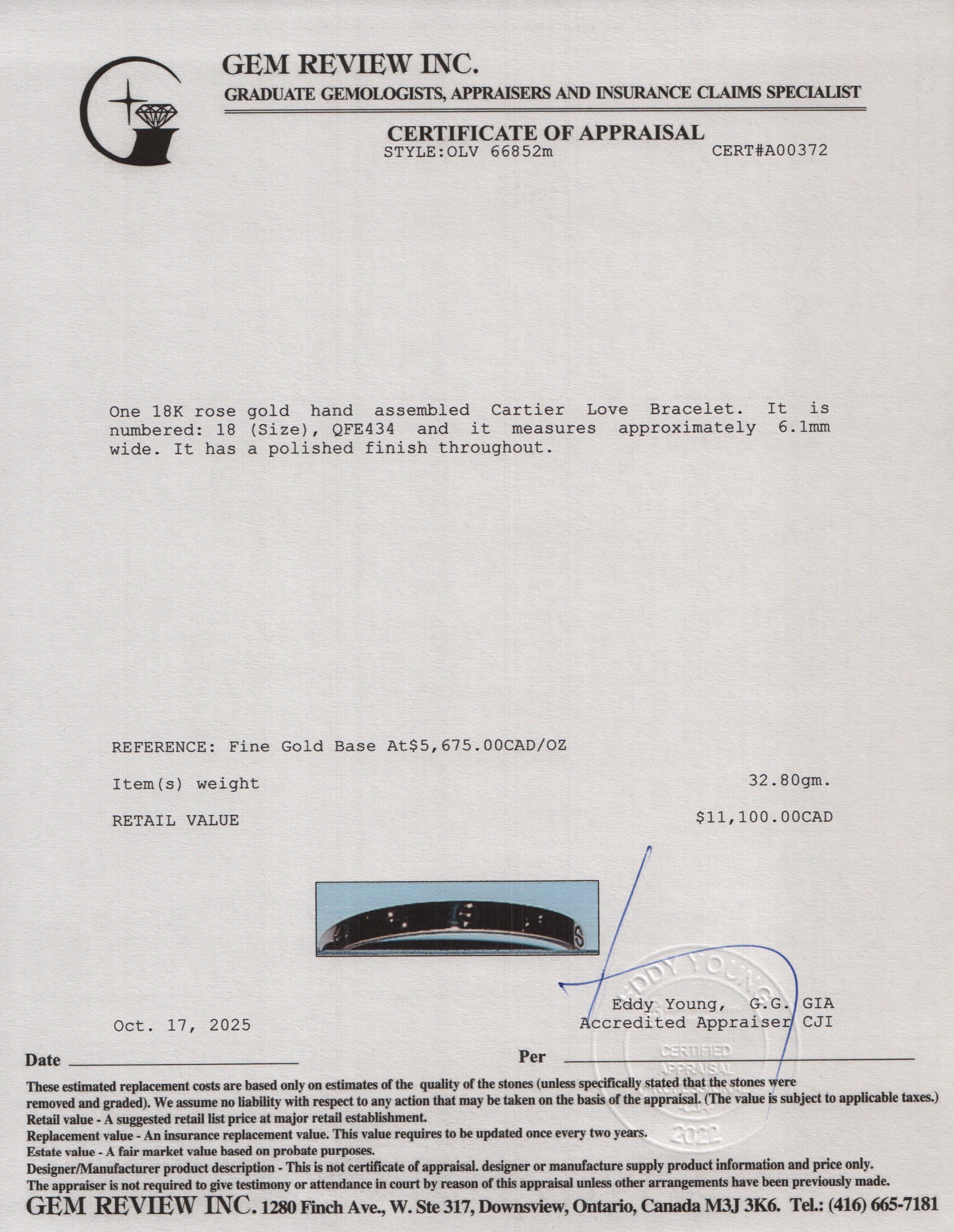 Cartier 2022 18k Rose Gold Love Bracelet, Classic Model, Size 18 w/ Box, Receipt & Certificate