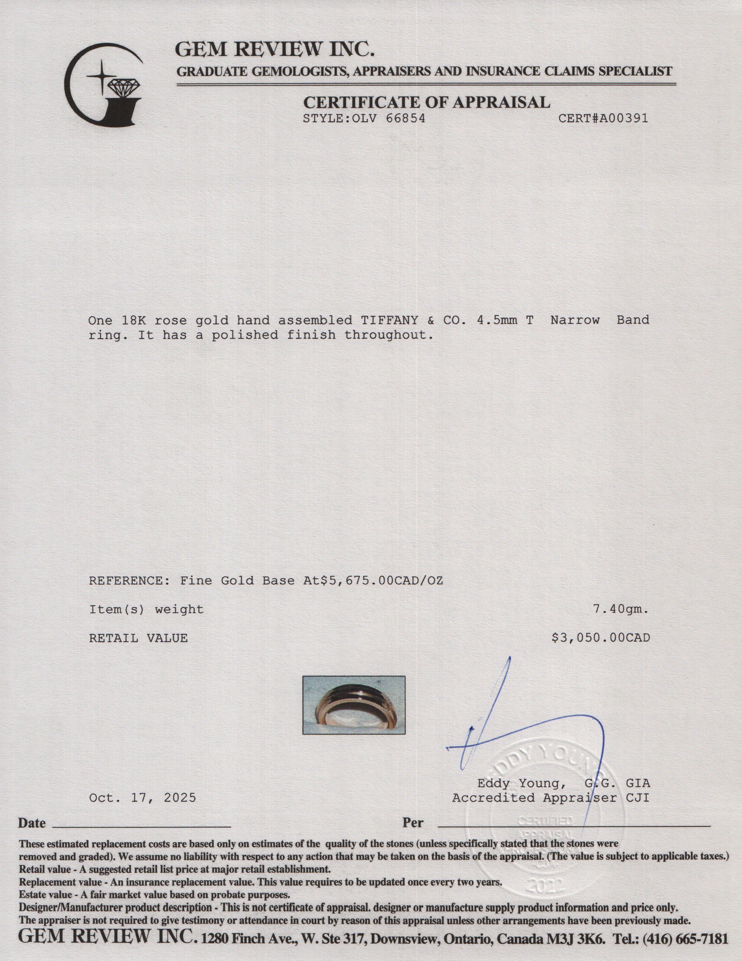 Tiffany & Co. 18k Rose Gold 4.5 MM T Narrow Band Ring, Size 4.5