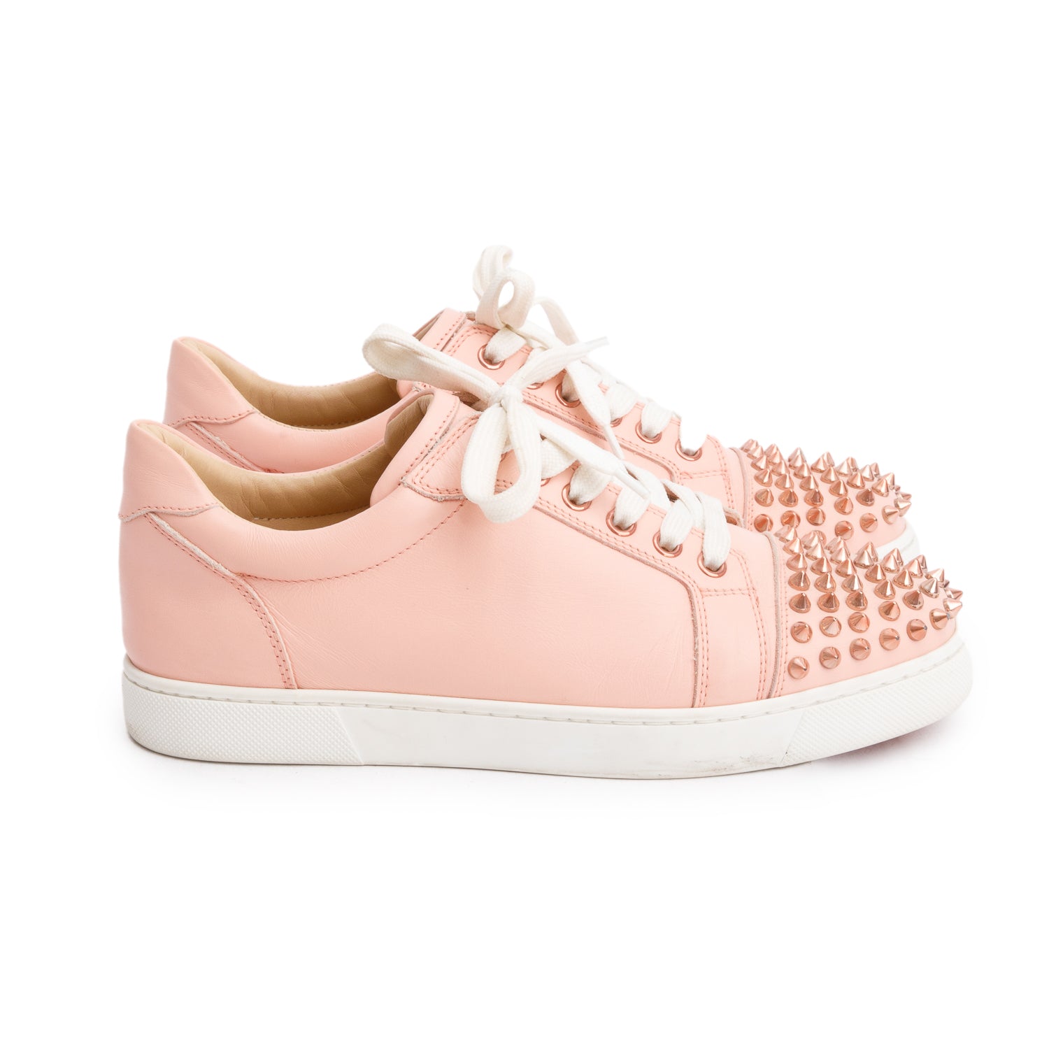 Christian Louboutin Pink Calfskin Vieira Spiked Flat Sneaker's, Size 37.5