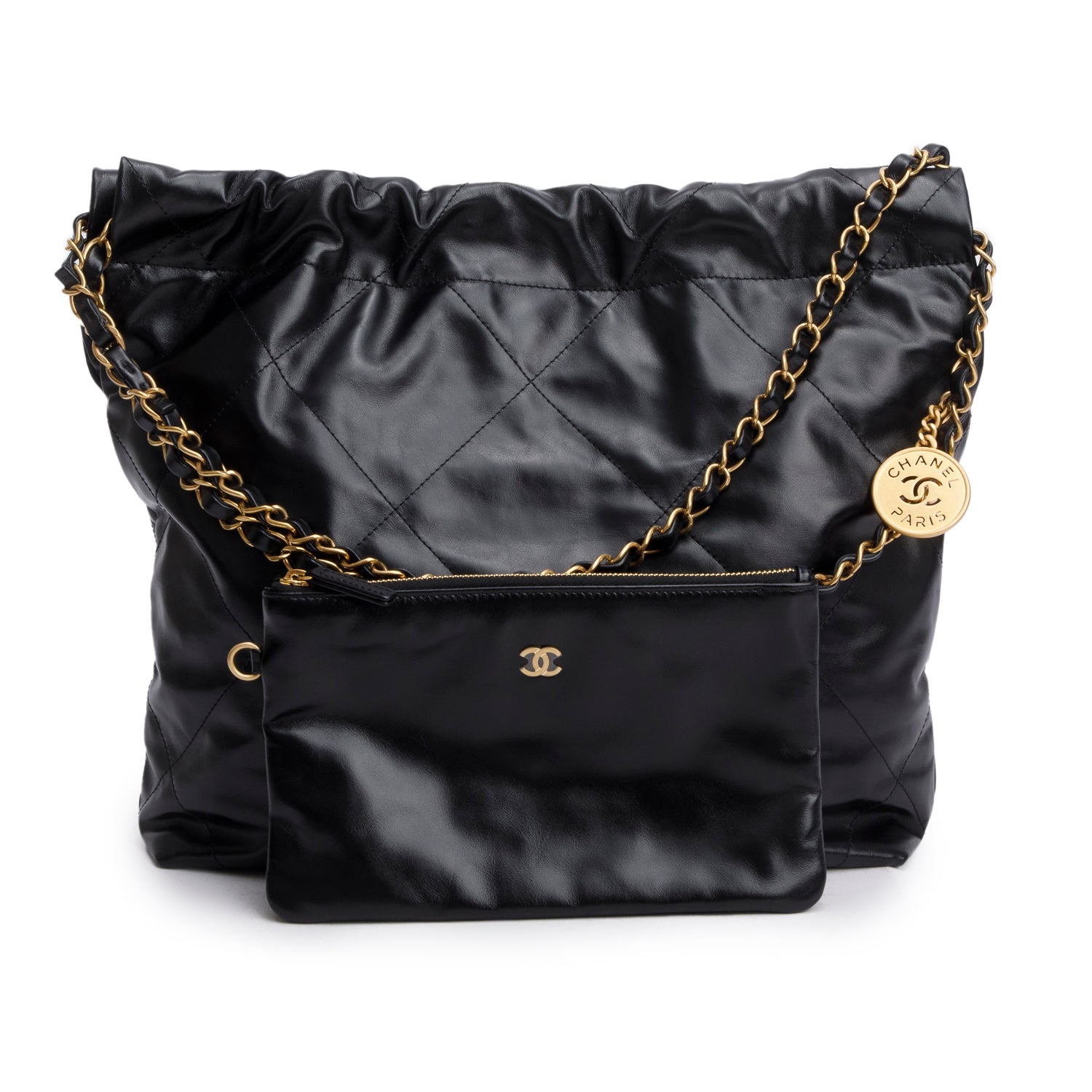 Chanel Black Shiny Calfskin Quilted Small 22 Hobo w/ Pouch & Box