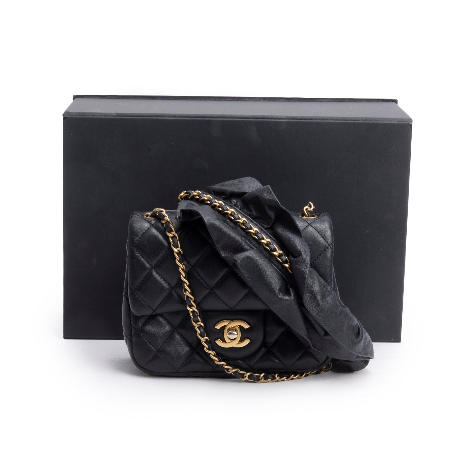 Chanel 2020 Black Lambskin Romance Mini Square Flap Bag w/ Box & Receipt
