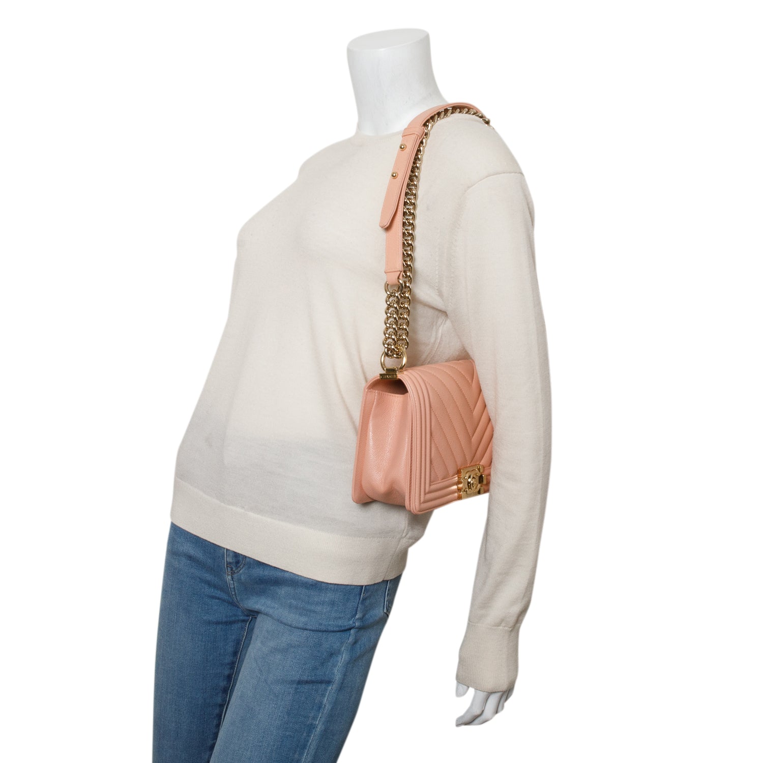 Chanel Peach Caviar Chevron Quilted Medium Boy Bag