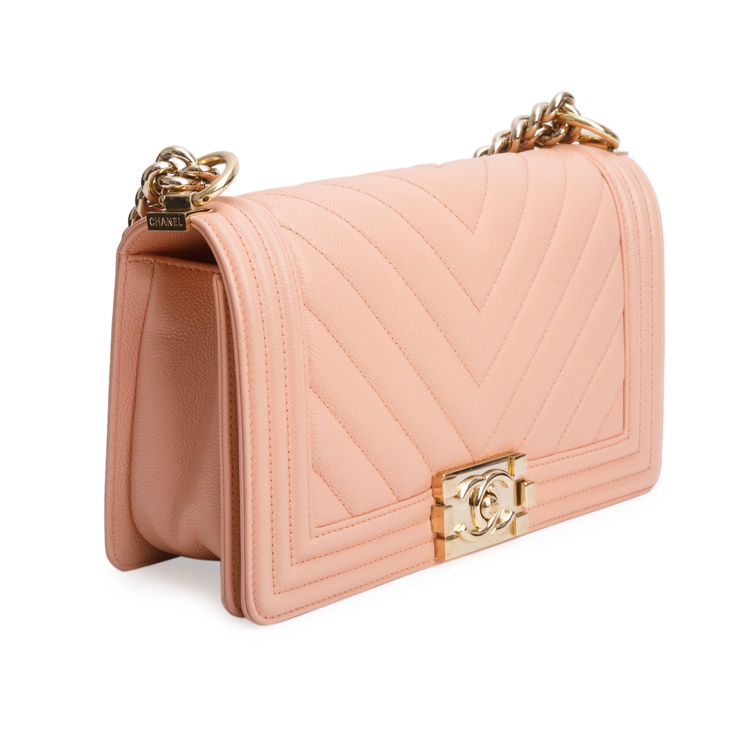 Chanel Peach Caviar Chevron Quilted Medium Boy Bag