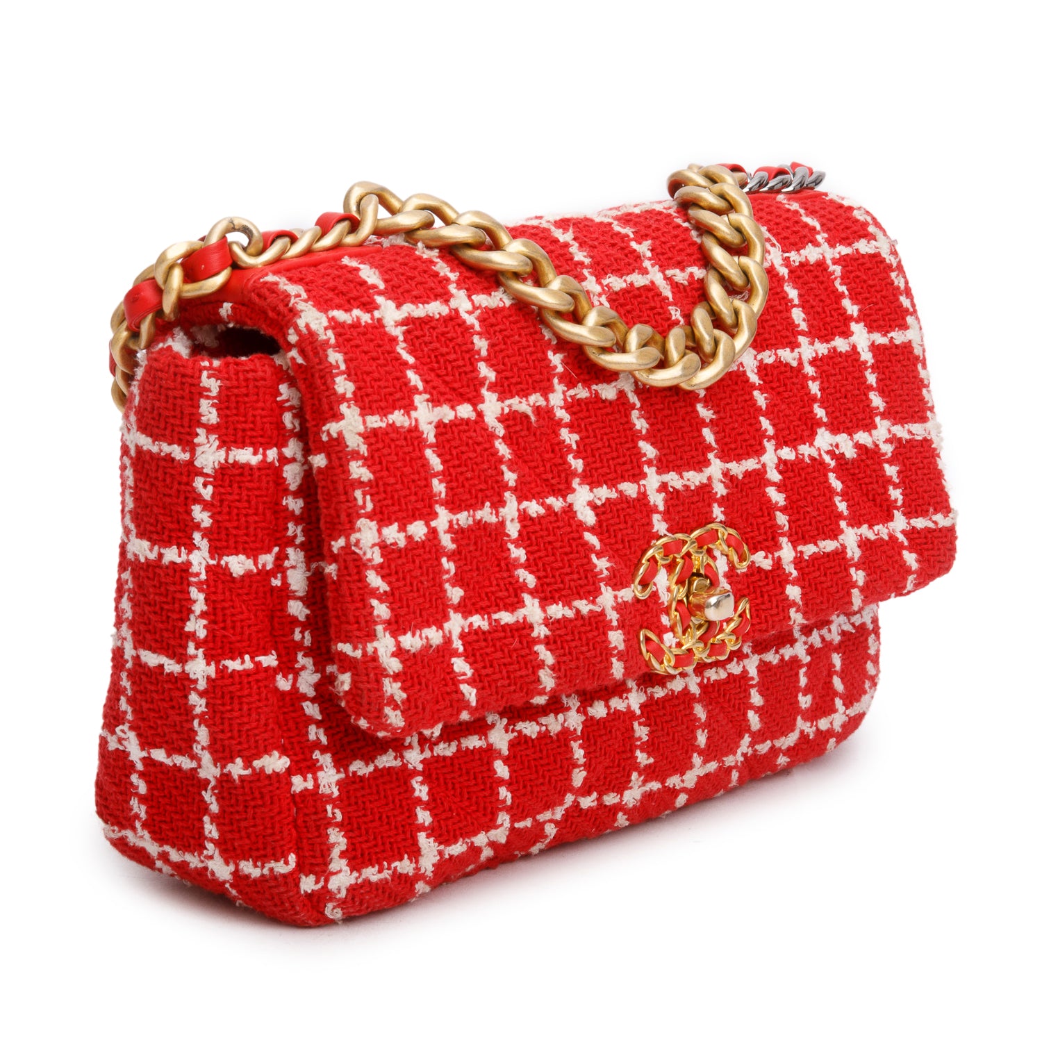 Chanel Red Tweed Quilted Medium Chanel 19 Flap