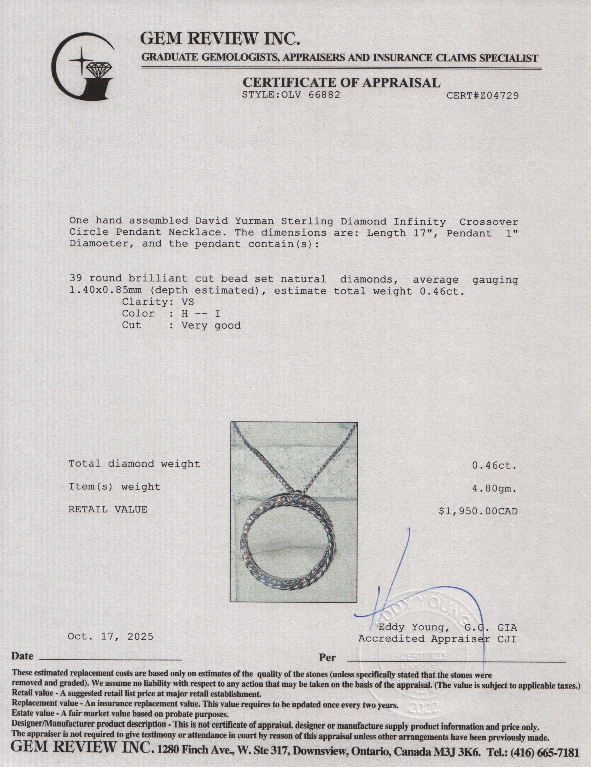 David Yurman Sterling Diamond Infinity Crossover Circle Pendant Necklace