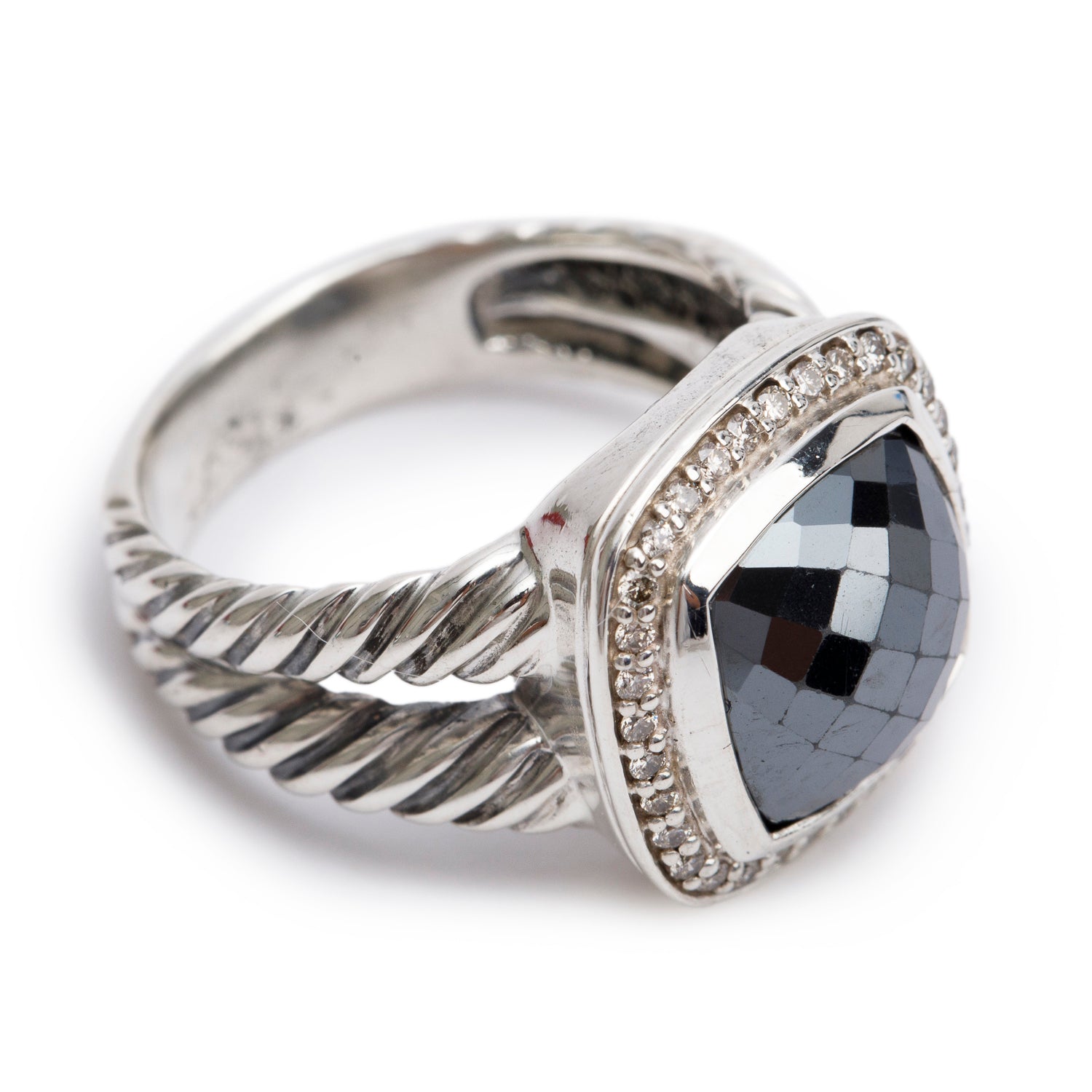 David Yurman Sterling Silver 11 MM Hematite & Diamond Albion Ring, Size 7.25