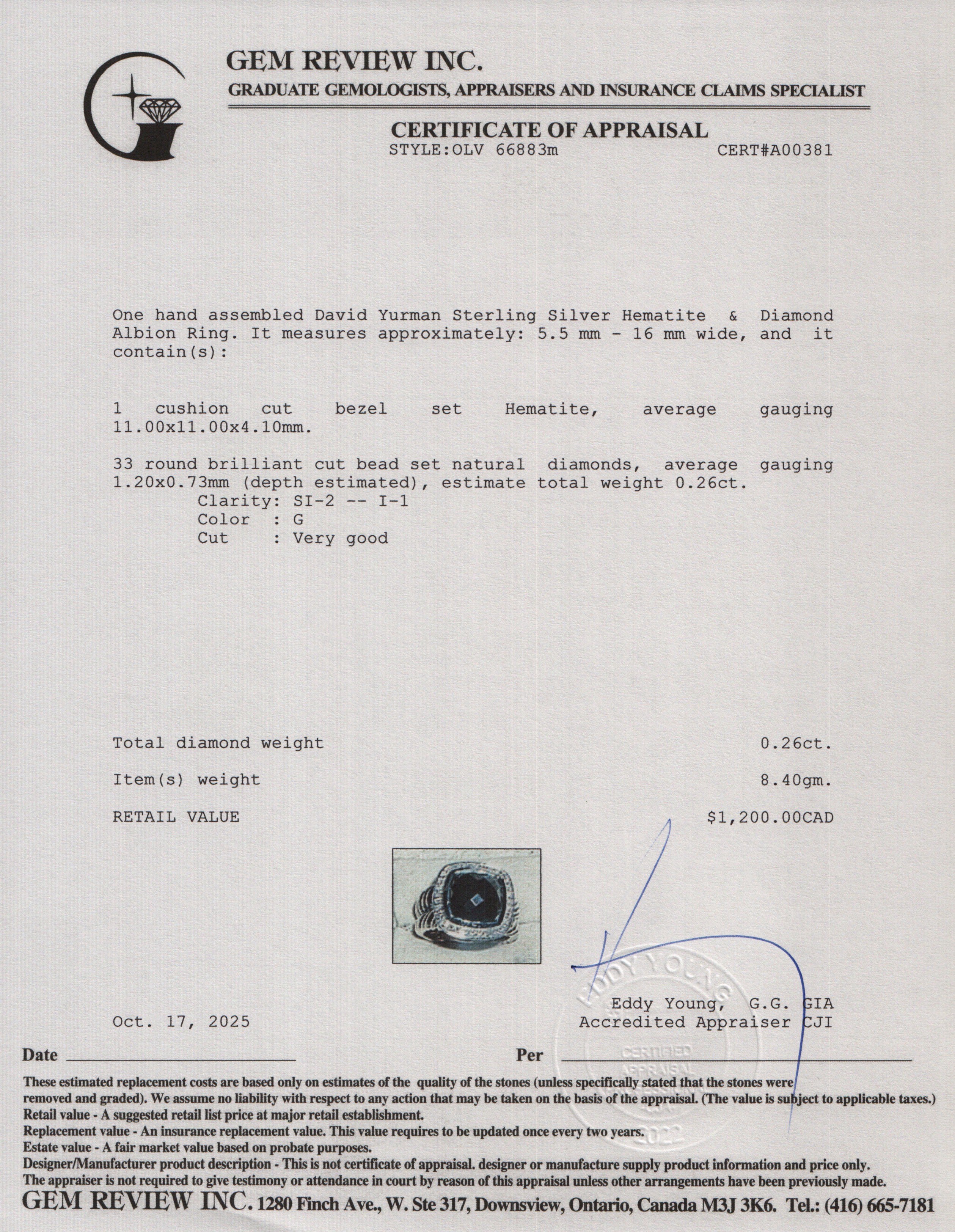 David Yurman Sterling Silver 11 MM Hematite & Diamond Albion Ring, Size 7.25