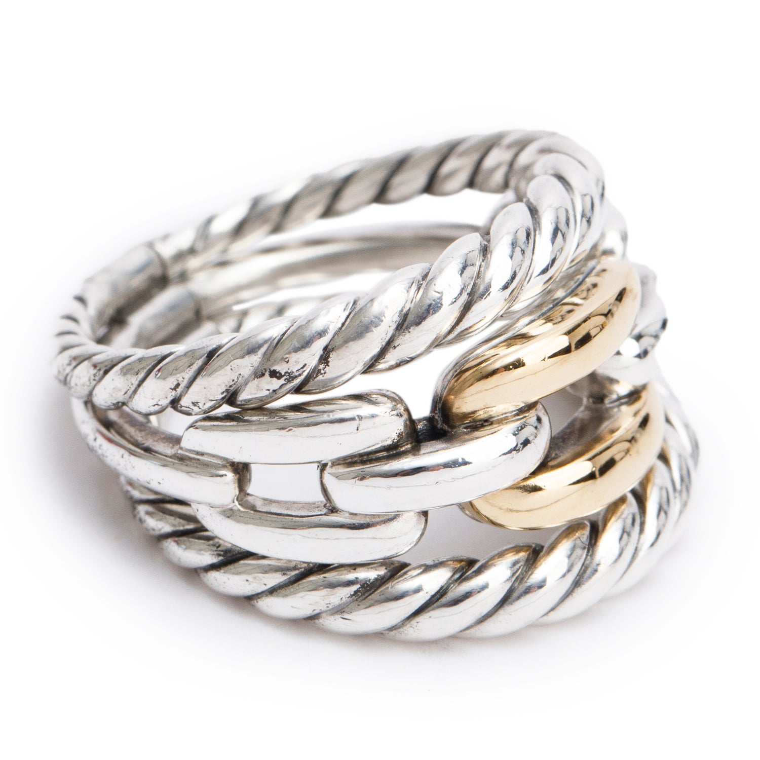 David Yurman Sterling Silver & 18k Yellow Gold Wellesley Link Three-Row Ring, Size 6