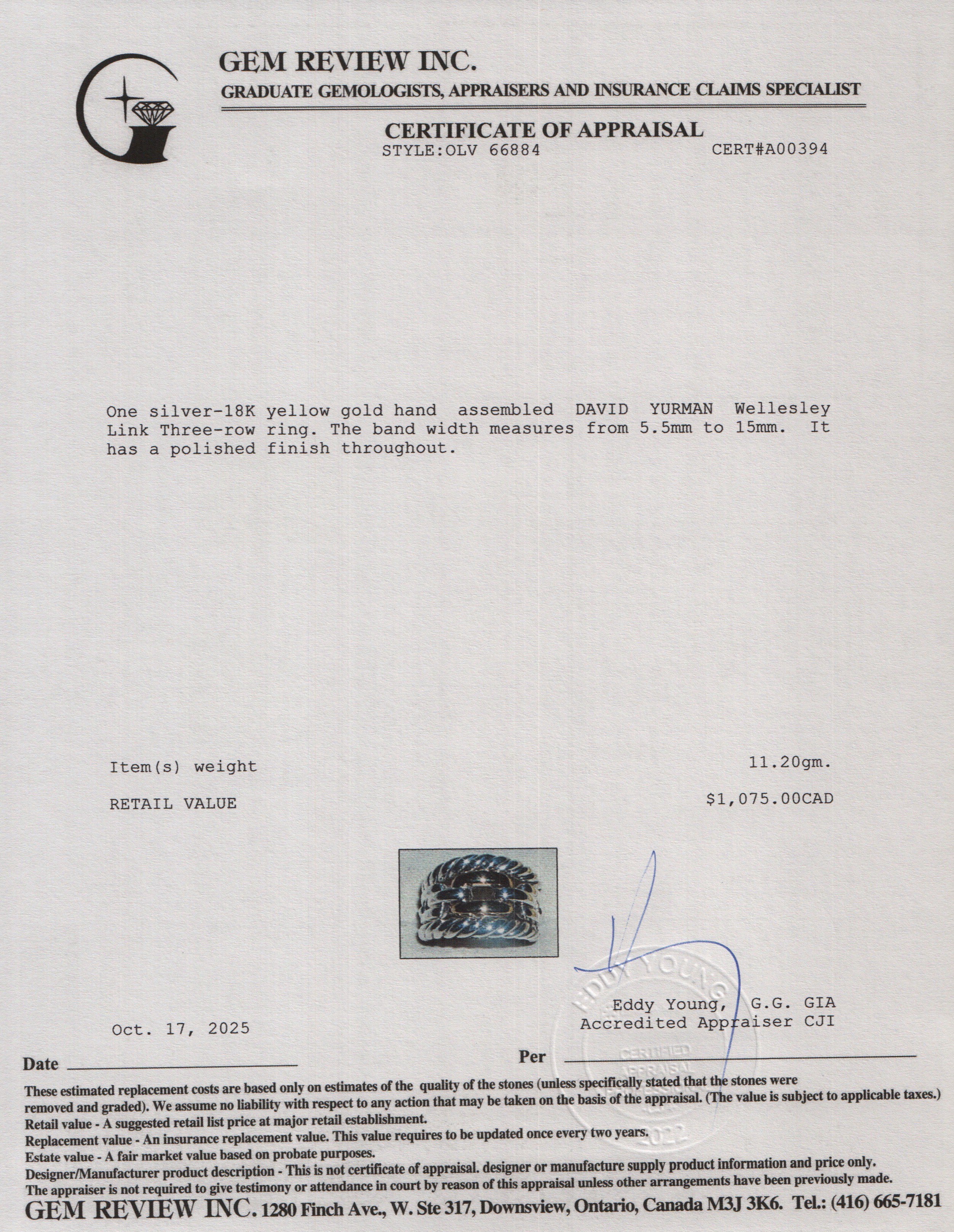 David Yurman Sterling Silver & 18k Yellow Gold Wellesley Link Three-Row Ring, Size 6