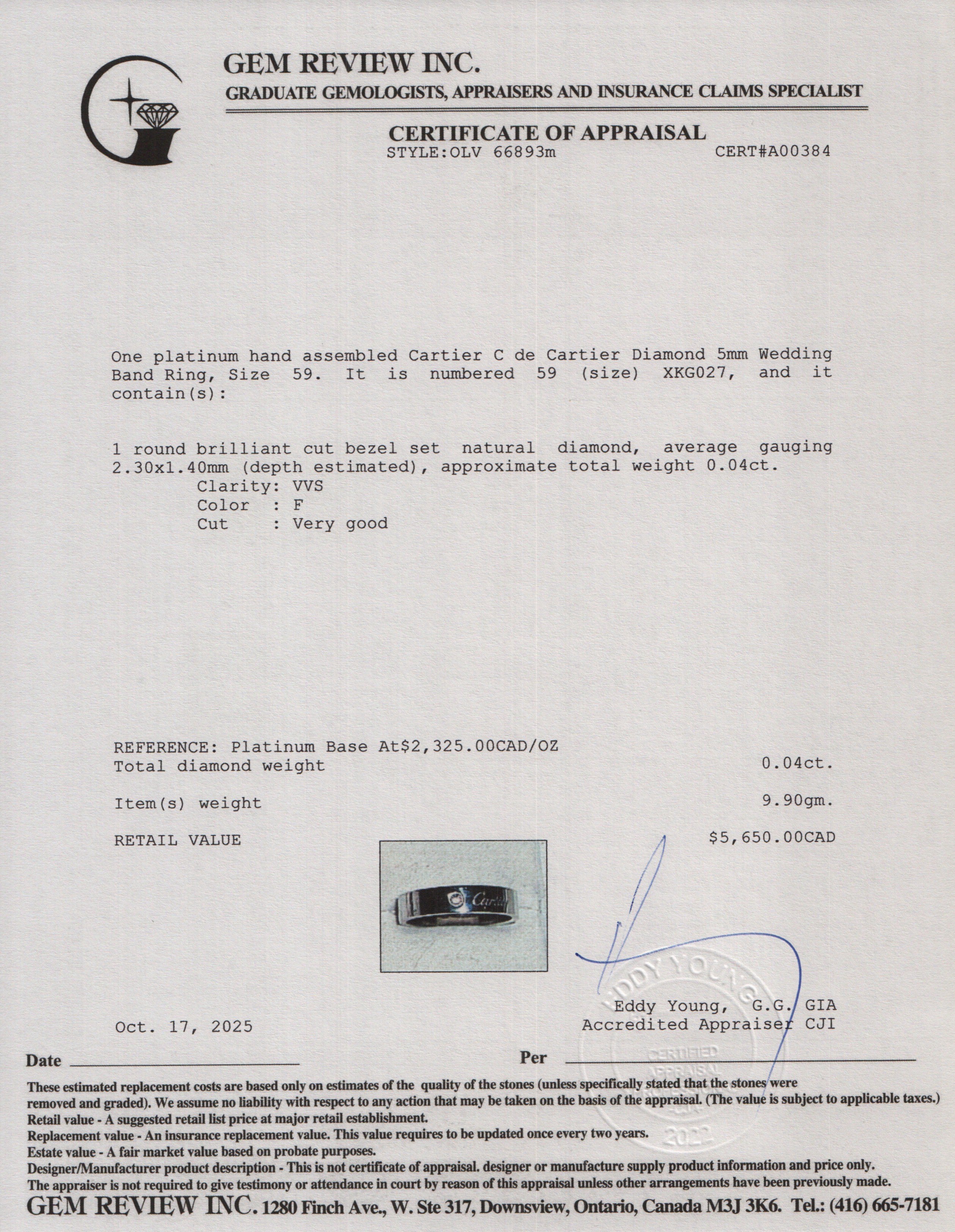 Cartier 2024 Platinum C de Cartier 1 Diamond 5 MM Wedding Band Ring, Size 59 9 w/ Box & Certificate