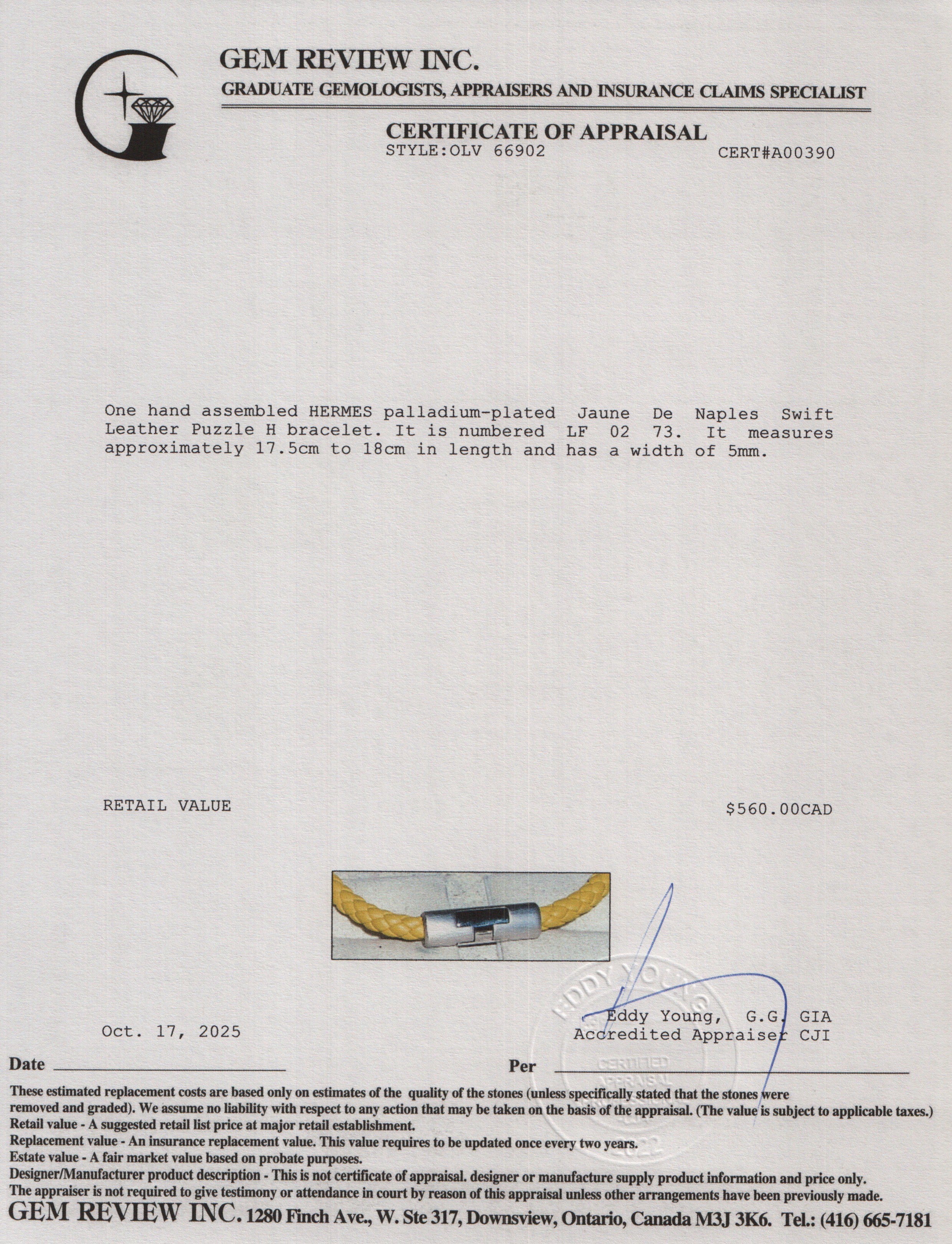 Hermes Palladium Plated Jaune De Naples Swift Leather Puzzle H Bracelet w/ Box & Receipt