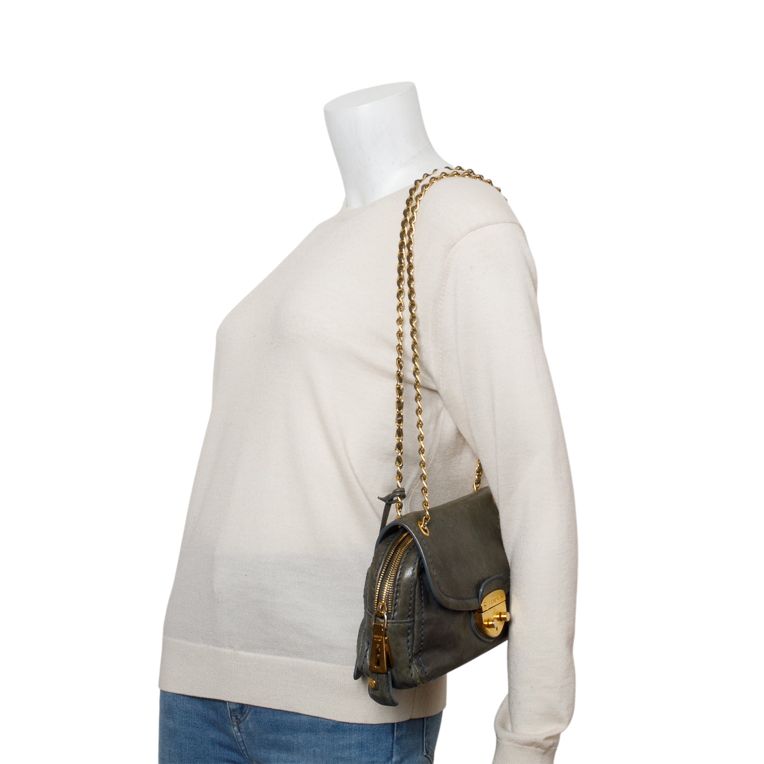 Prada Green Glace Calf Pushlock Chain Shoulder Bag