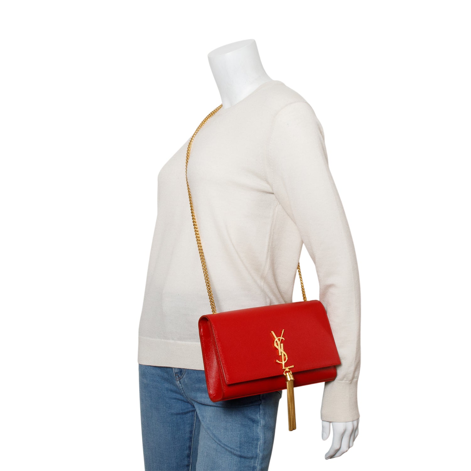 Saint Laurent Red Grain De Poudre Leather Medium Classic Monogram Kate Tassel Chain Bag