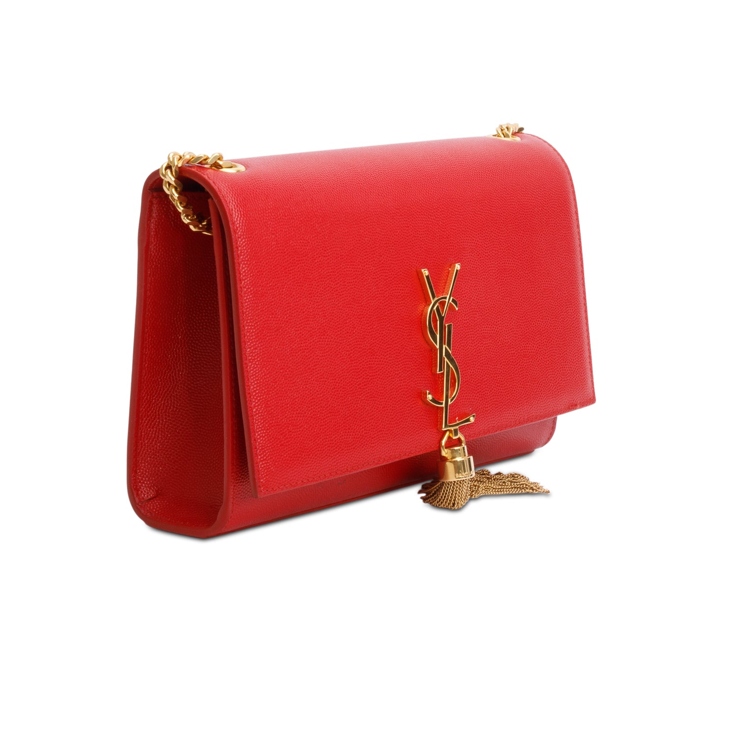 Saint Laurent Red Grain De Poudre Leather Medium Classic Monogram Kate Tassel Chain Bag