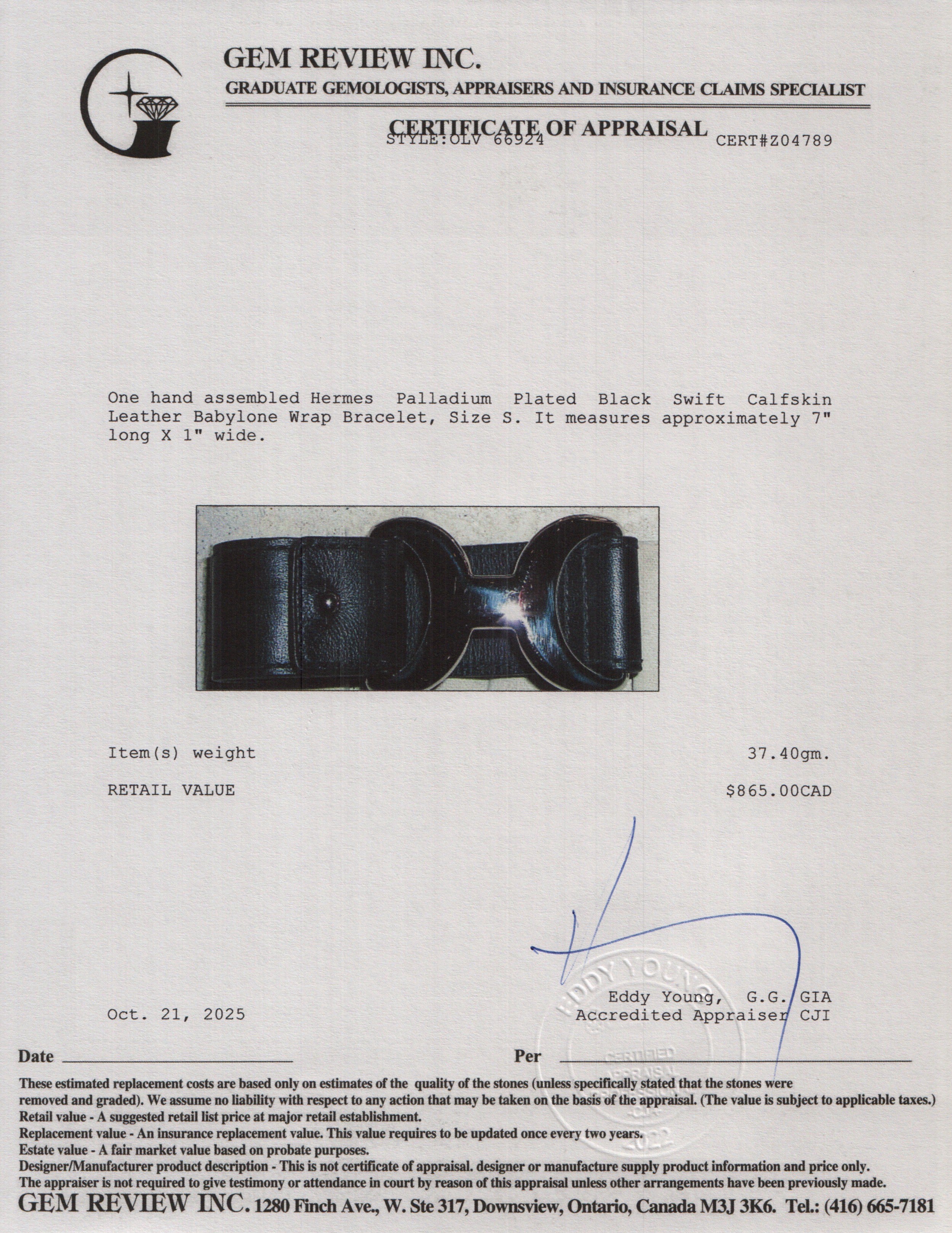 Hermes Palladium Plated Black Swift Calfskin Leather Babylone Wrap Bracelet, Size S