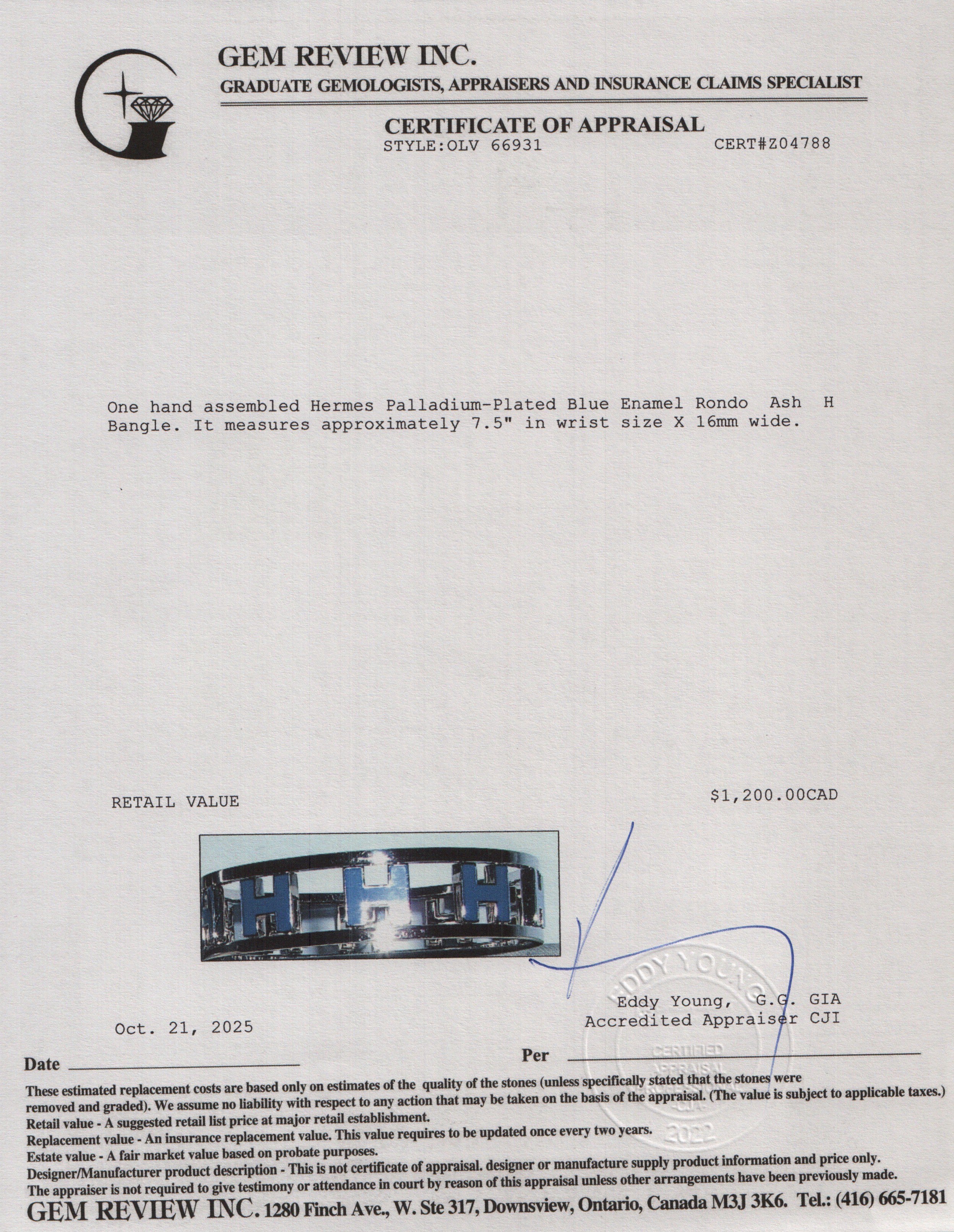 Hermes Palladium-Plated Blue Enamel Rondo Ash H  Bangle