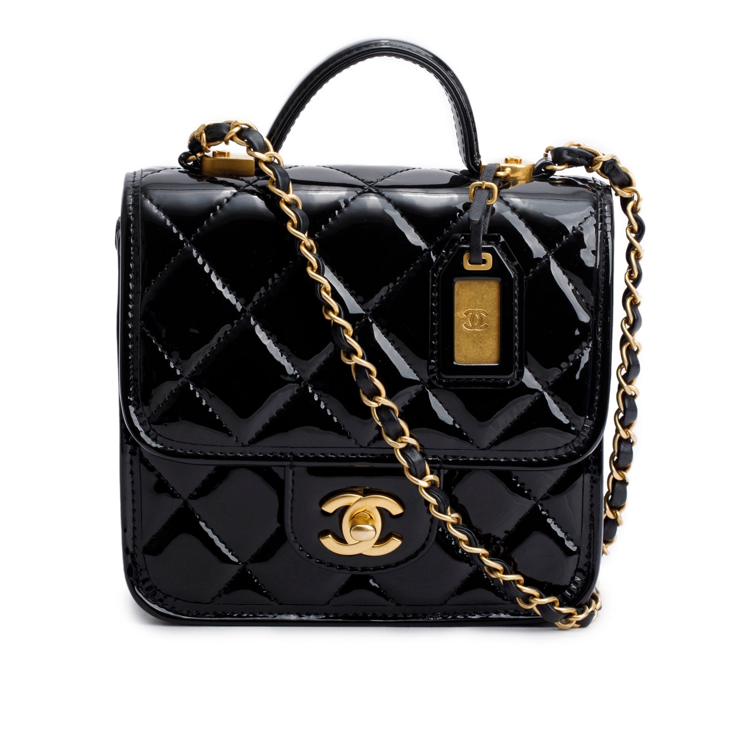 Chanel Black Patent Leather Quilted Mini School Memory Top Handle