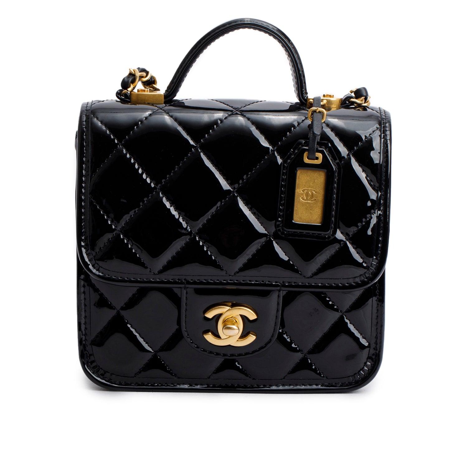 Chanel Black Patent Leather Quilted Mini School Memory Top Handle Bag