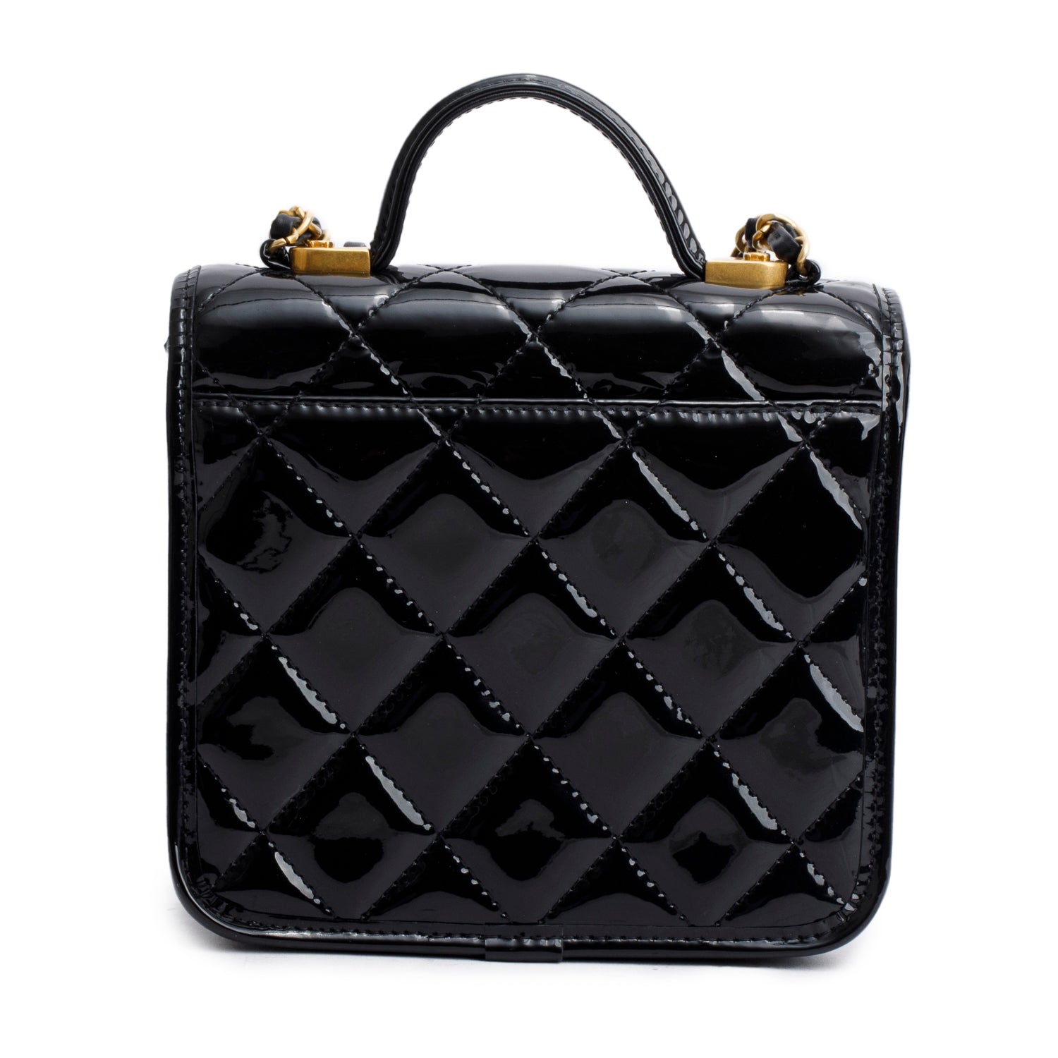 Chanel Black Patent Leather Quilted Mini School Memory Top Handle Bag