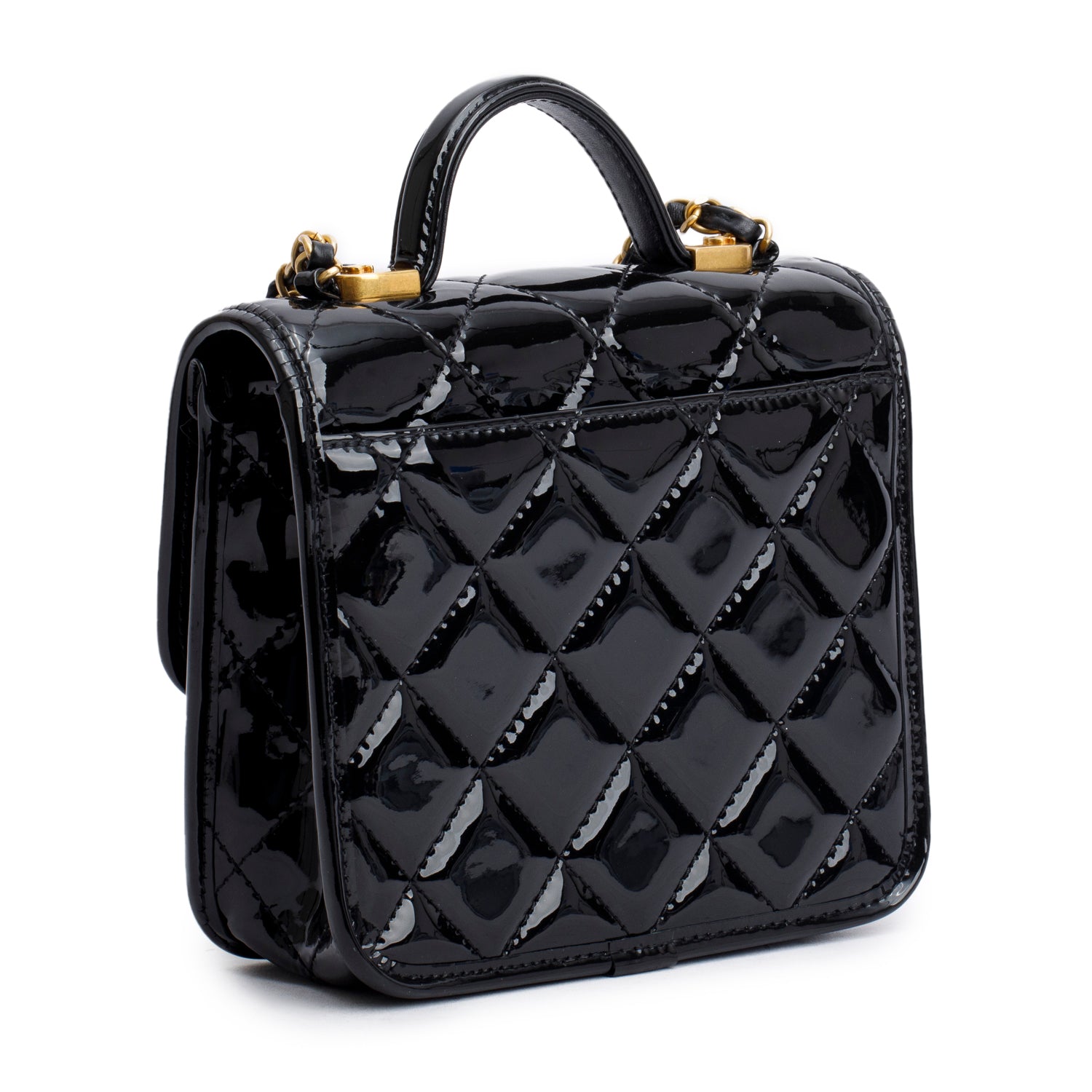 Chanel Black Patent Leather Quilted Mini School Memory Top Handle Bag