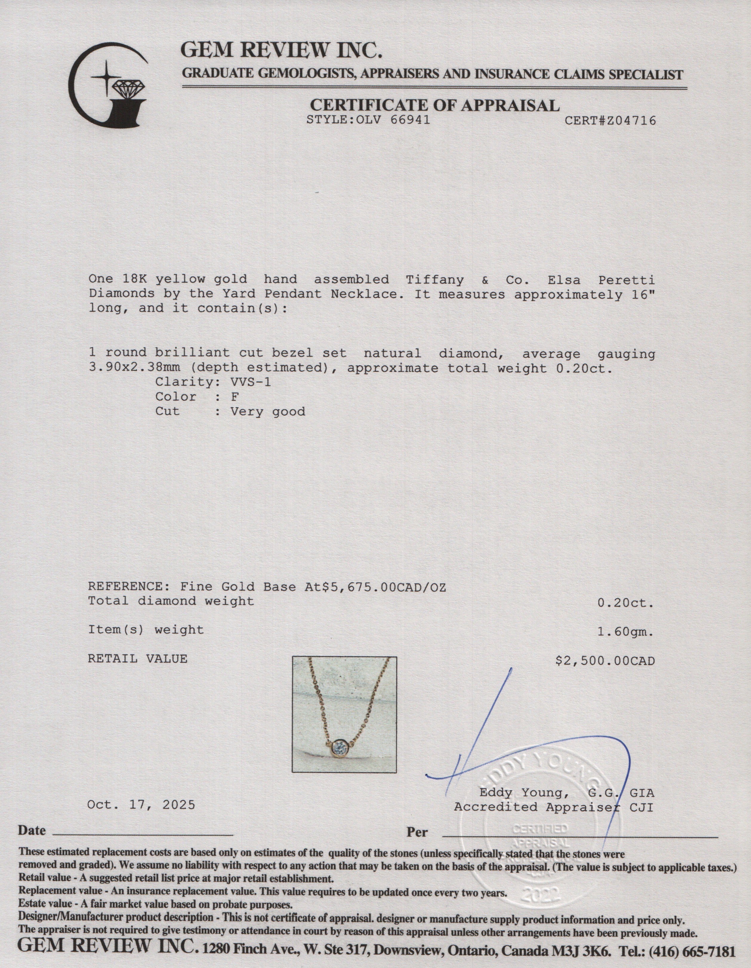 Tiffany & Co. Elsa Peretti 18k Yellow Gold  0.20 ct. Diamonds by the Yard Pendant Necklace w/ Box