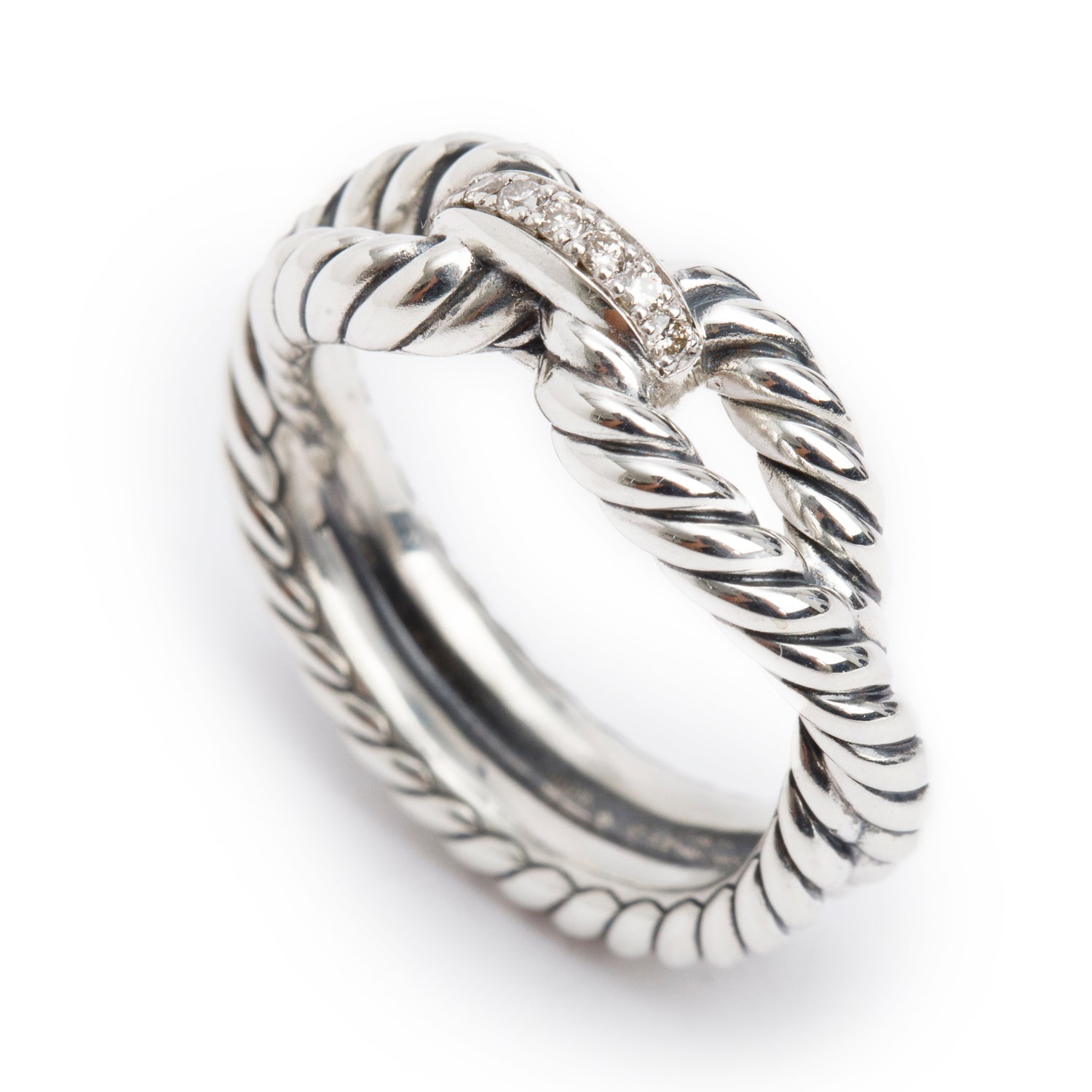 David Yurman Sterling Silver Diamond Cable Loop Band Ring, Size 5.25 w/ Box