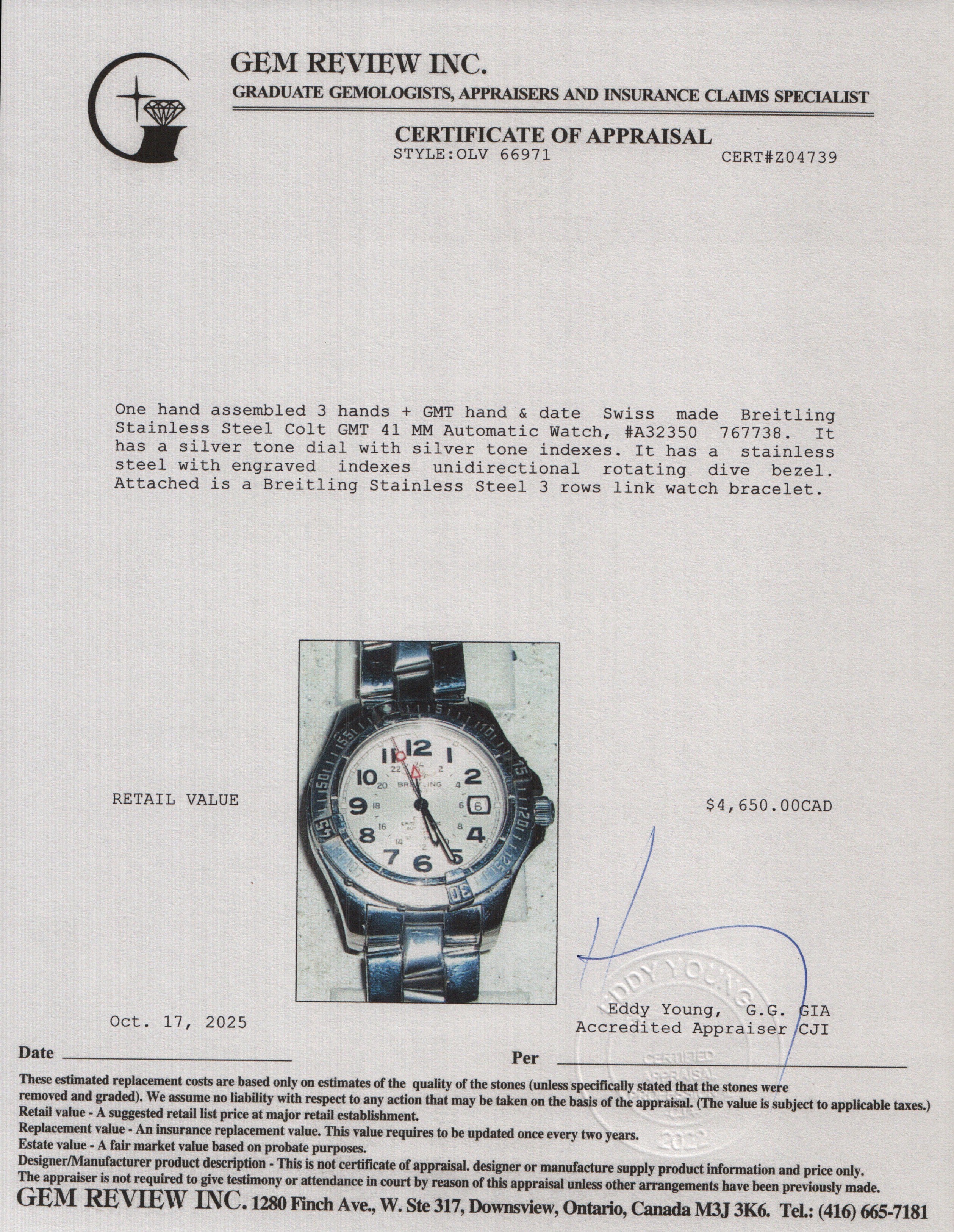 Breitling Stainless Steel Colt GMT 41 MM Automatic Watch Silver Dial A32350