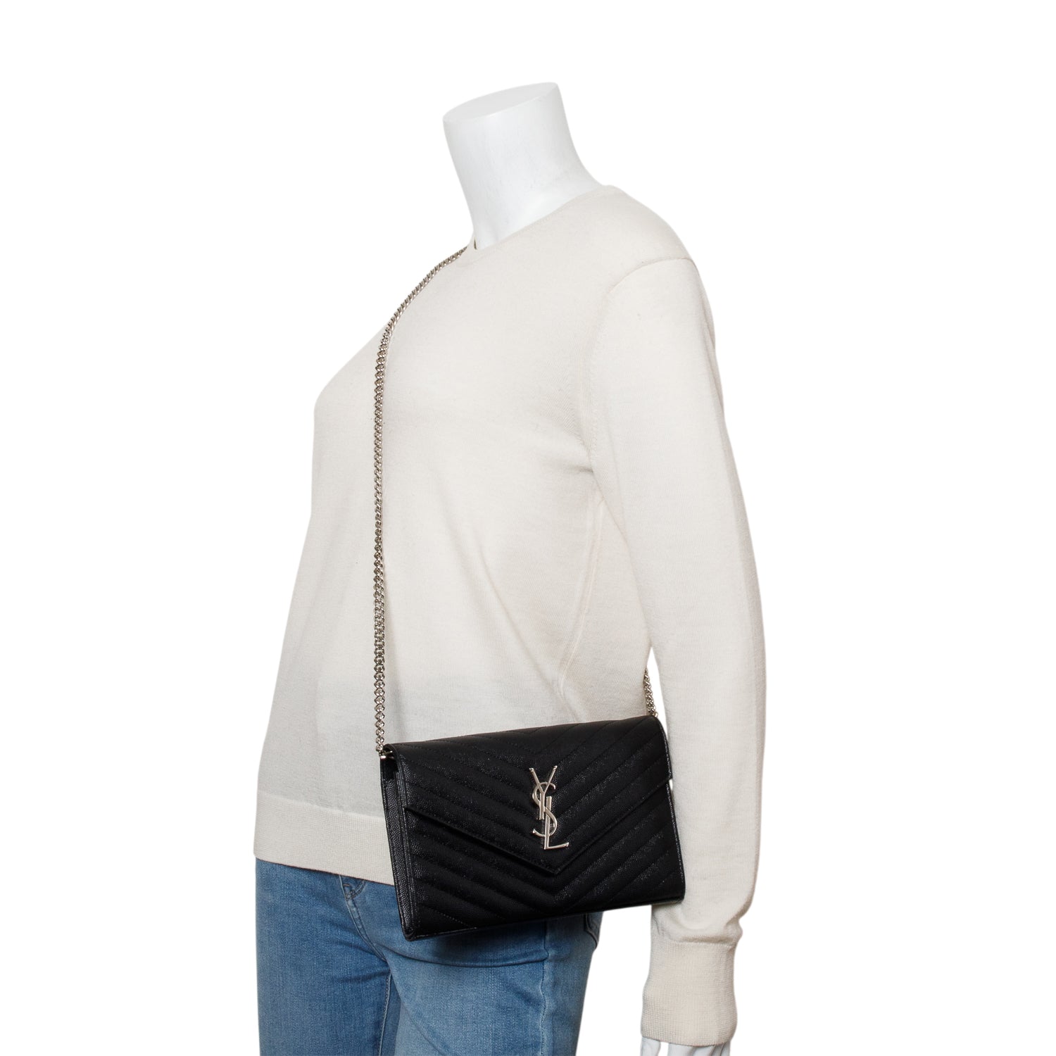 Saint Laurent Black Grain De Poudre Leather Envelope Chain Wallet