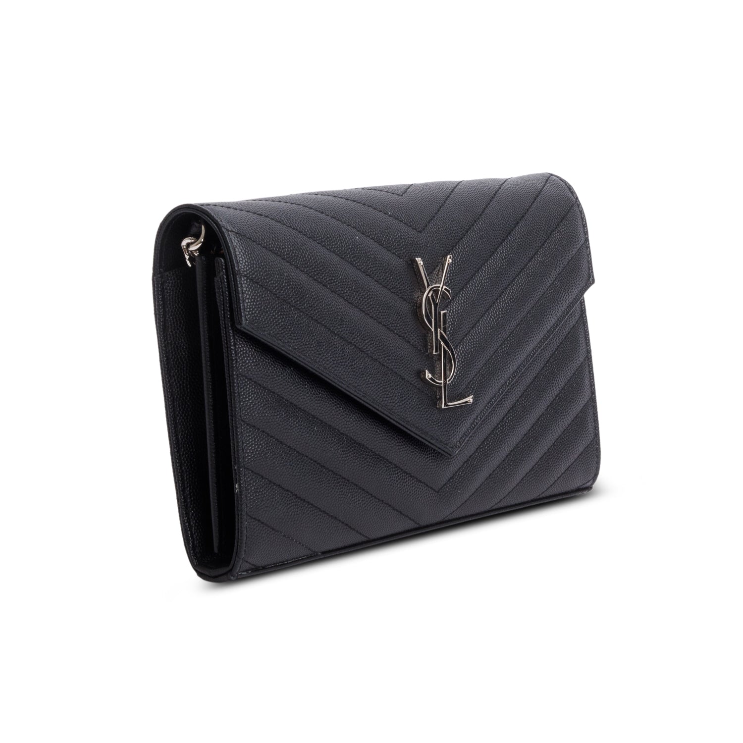 Saint Laurent Black Grain De Poudre Leather Envelope Chain Wallet