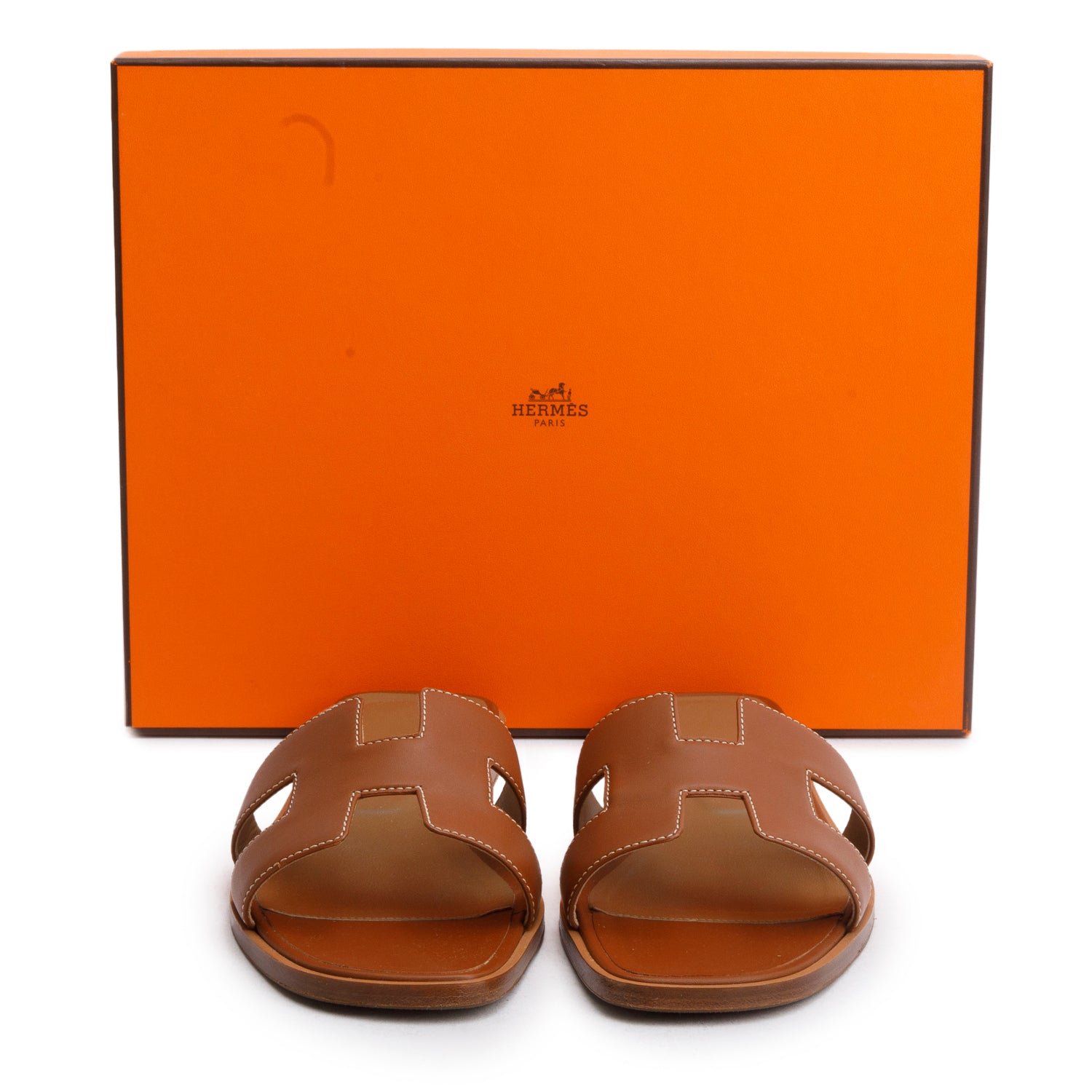 Hermes Gold Box Leather Oran Sandals, Size 38 w/ Box