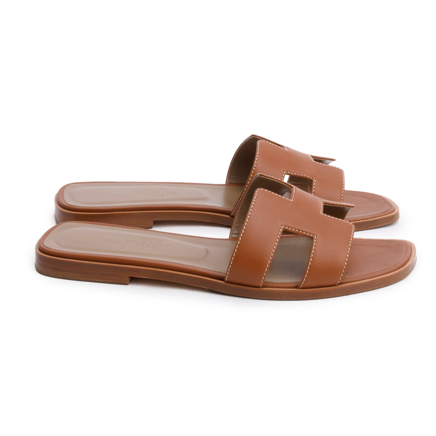Hermes Gold Box Leather Oran Sandals, Size 38 w/ Box