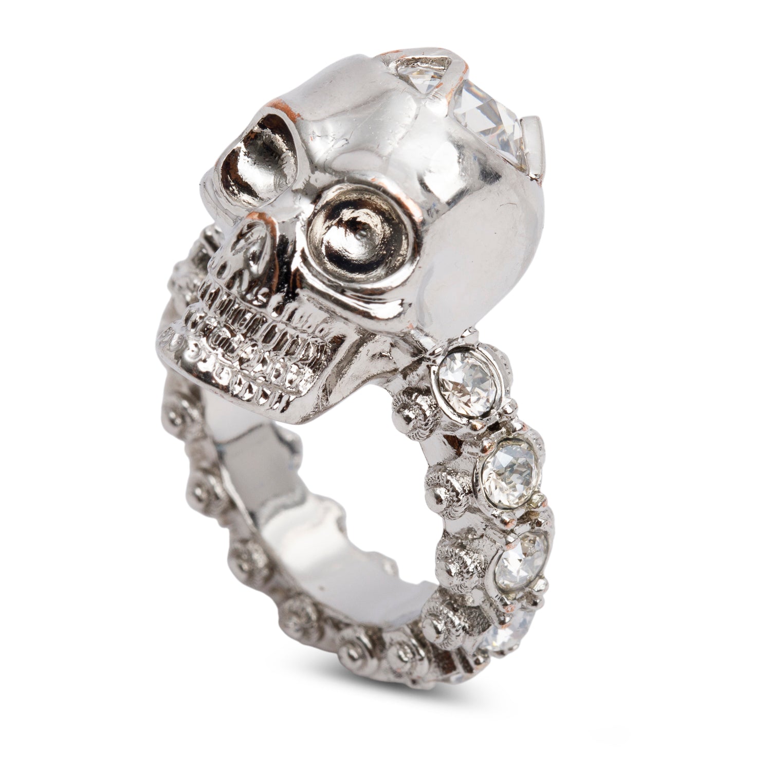 Alexander McQueen Silver Plated Crystal Embedded Skull Ring, Size 11 5.25