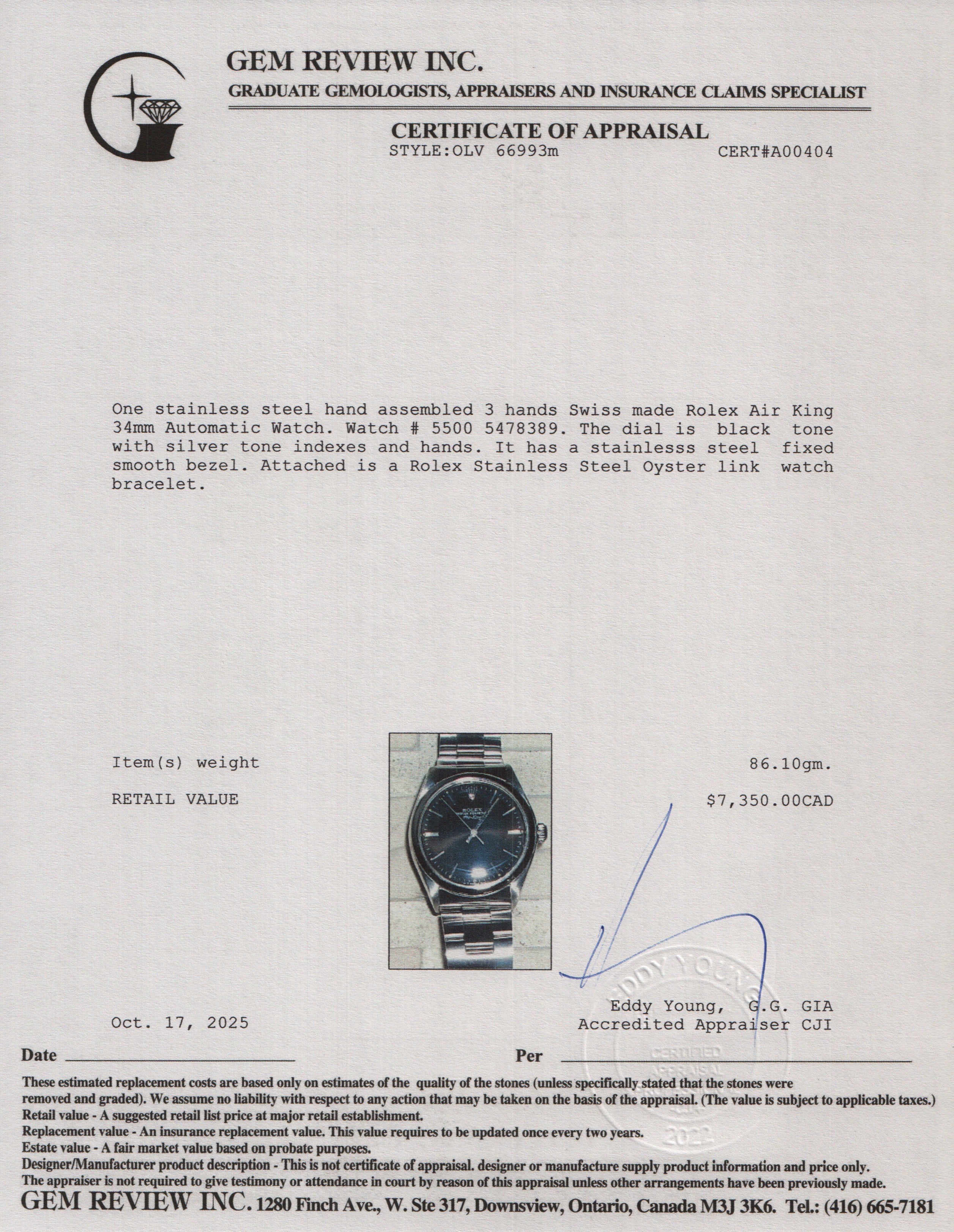 Rolex Stainless Steel Air King 34 MM Automatic Watch Black Dial 5500 w/ Box