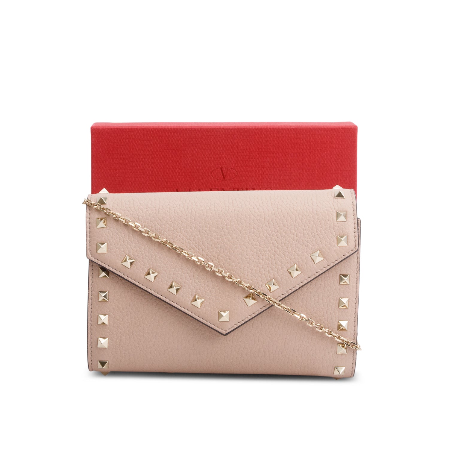 Valentino Pink Pebbled Calfskin Rockstud Envelope Wallet on Chain w/ Box